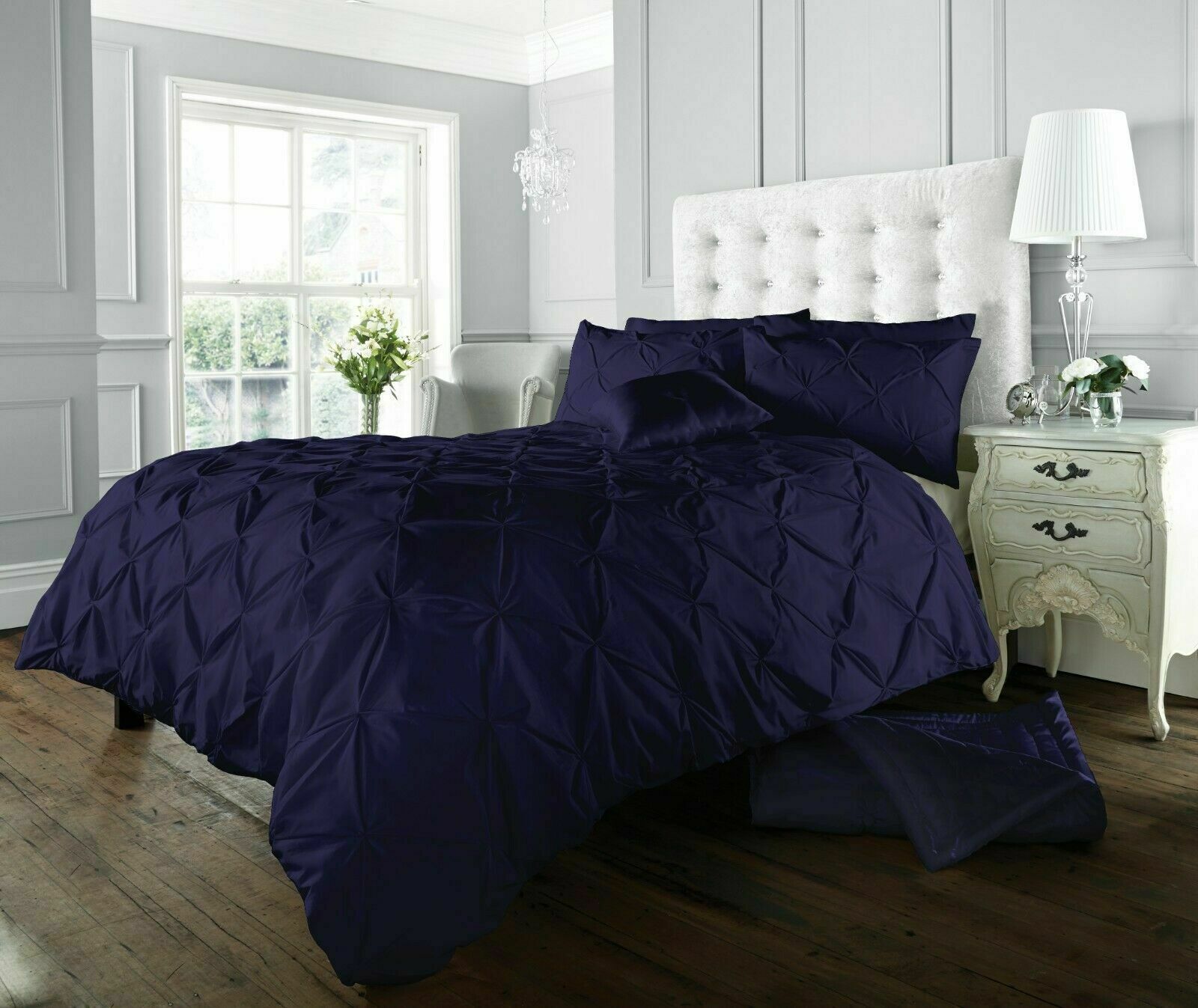 Smart Living Polycotton Pintuck Duvet Cover With Pillowcases in Navy