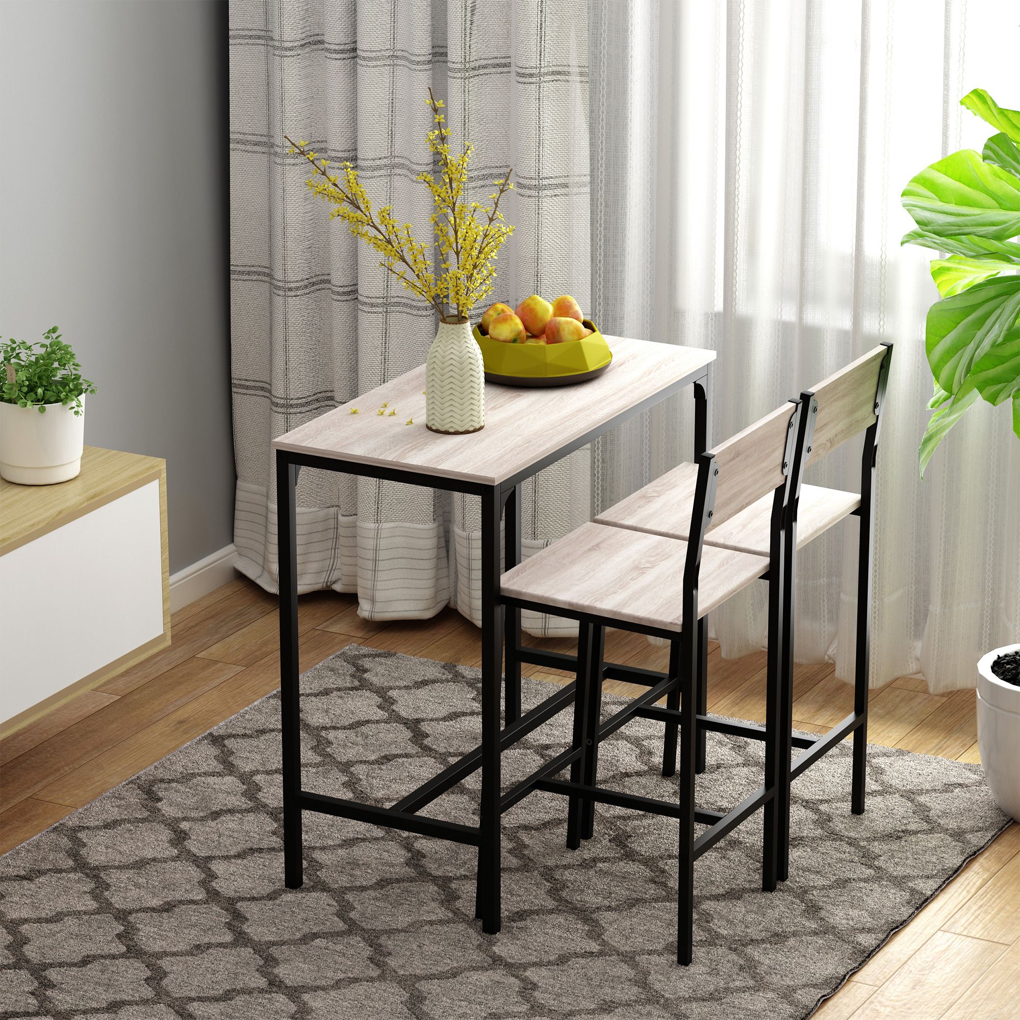 HOMCOM 3 Pieces Table Stool Set Industrial Design Metal Frame MDF Panels in Light Brown