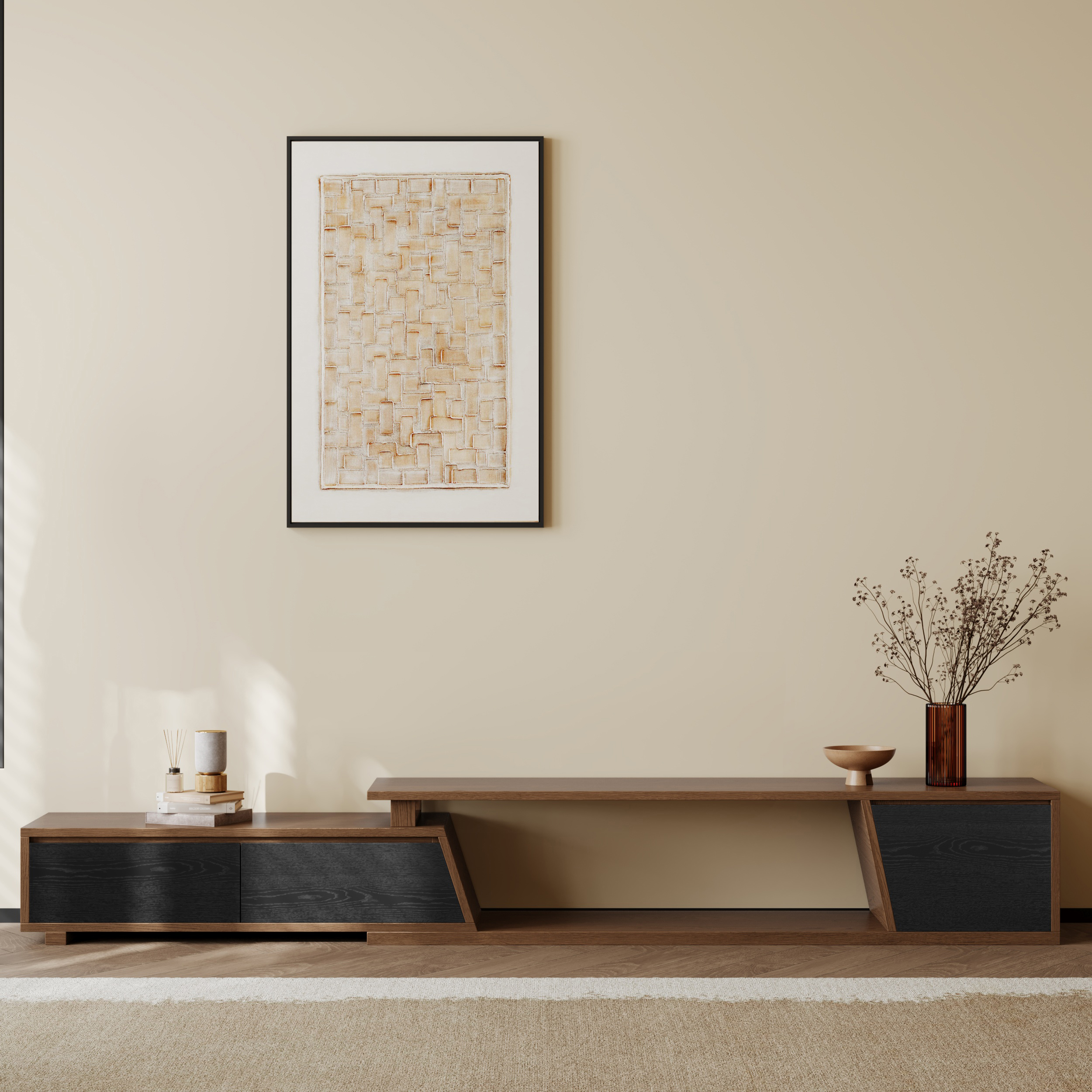 Fero Black & Walnut Extendable TV Stand with 3 Drawers (180 cm - 280 cm)