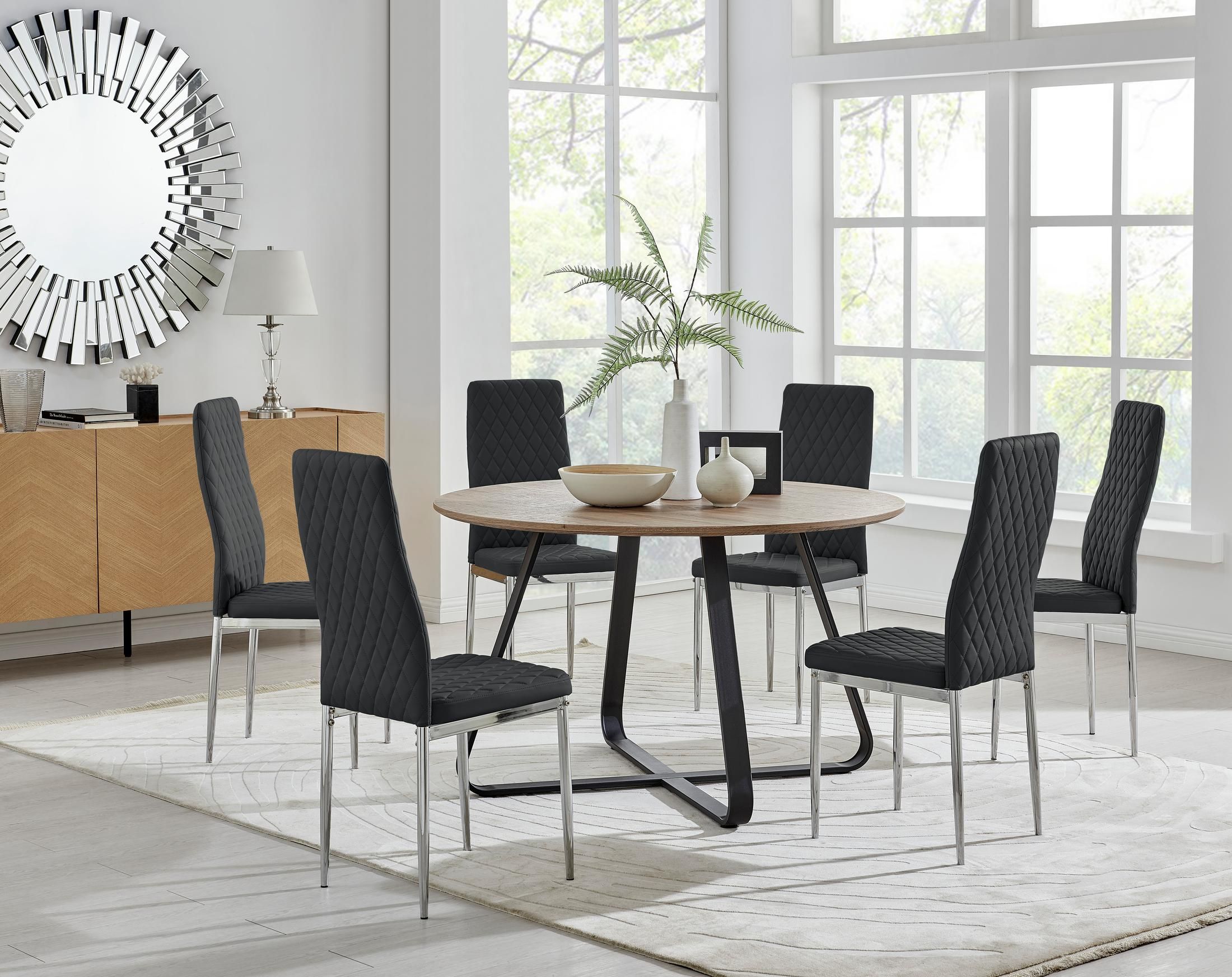 FurnitureboxUK Santorini Brown Wood Effect Dining Table & 6 Milan Chrome Leg Chairs in Black