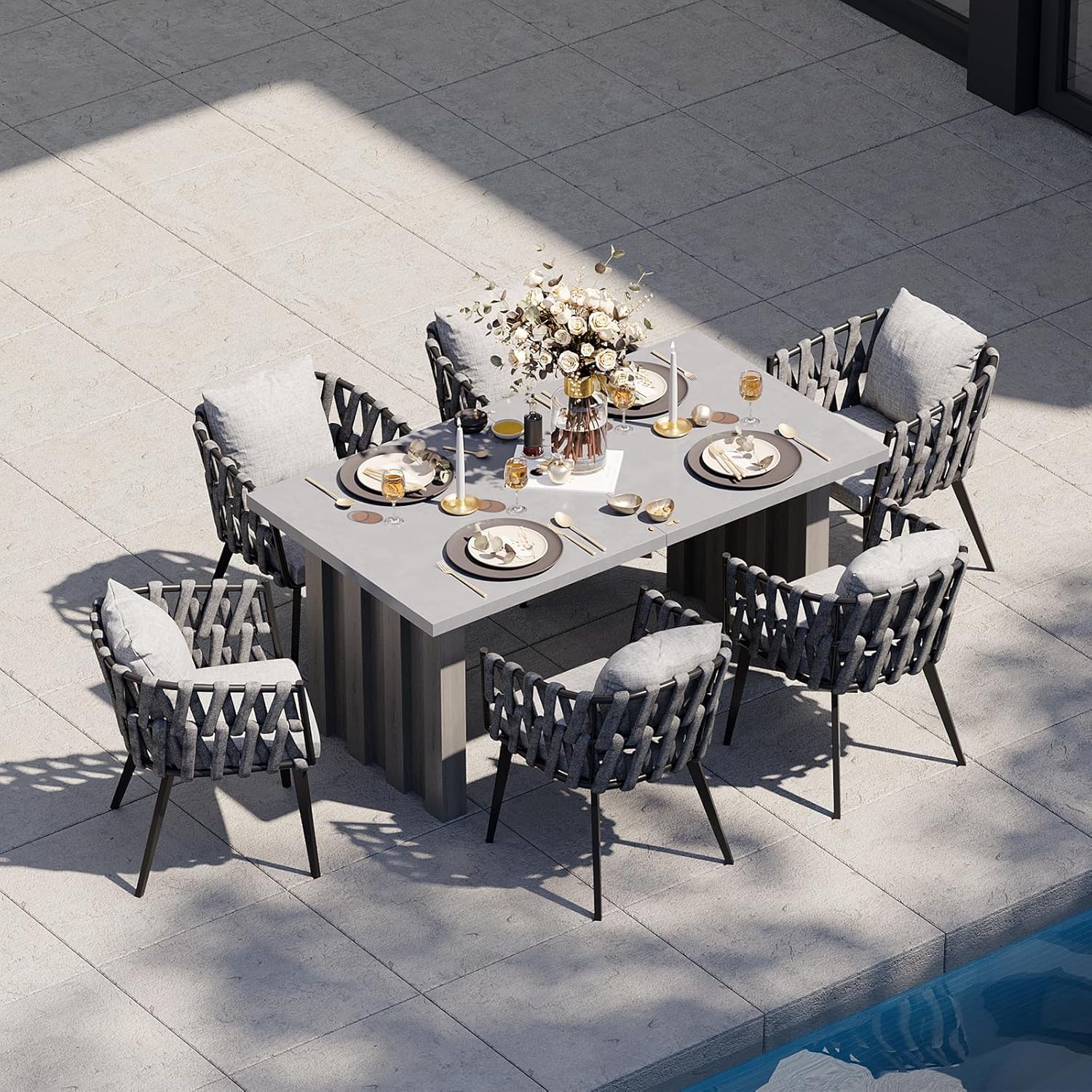 7 Pieces Grey Aluminium Outdoor Patio Dining Set with Extendable Table & Woven Armchair