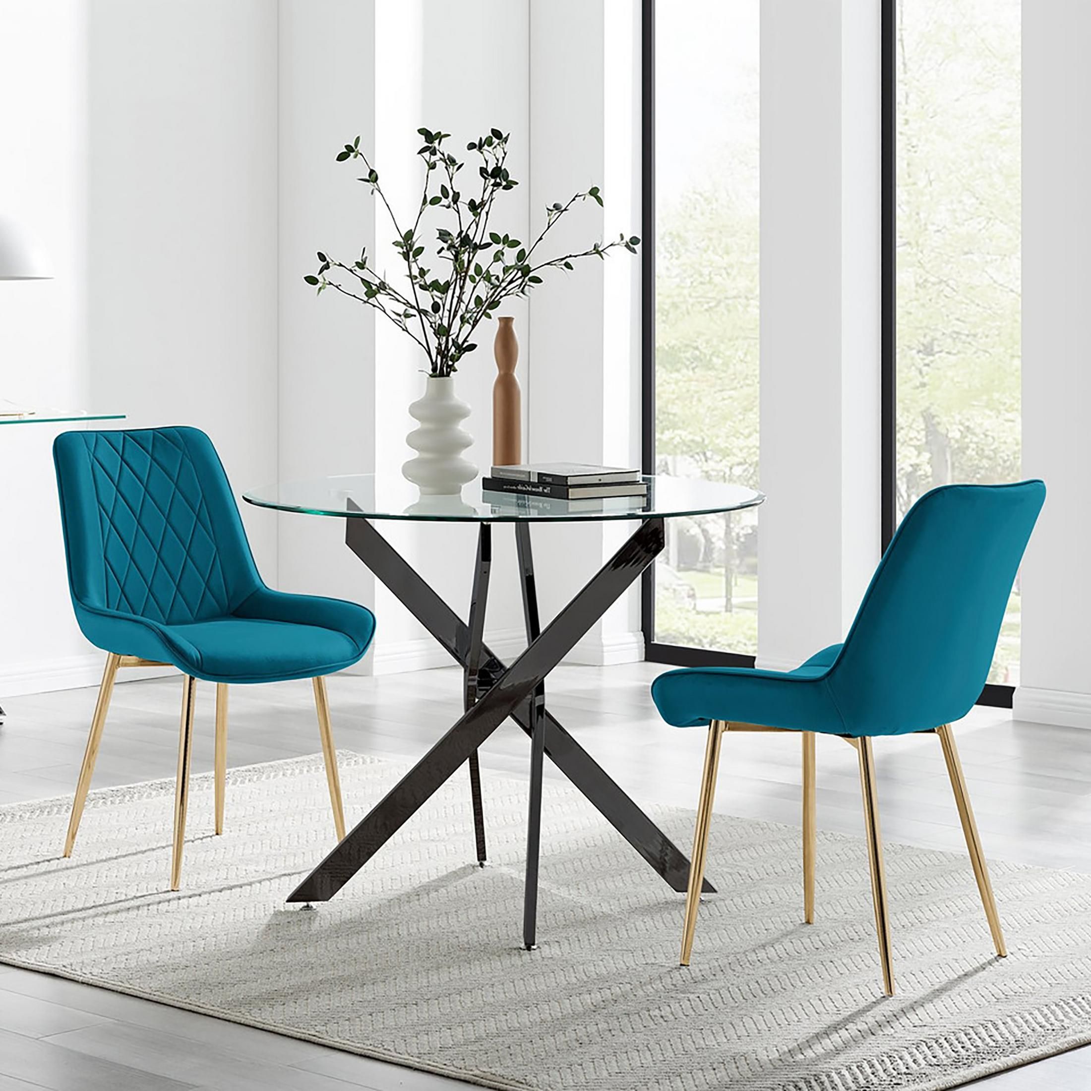 FurnitureboxUK Novara 100cm Round Black Leg Dining Table & 2 Pesaro Gold Leg Chairs in Blue