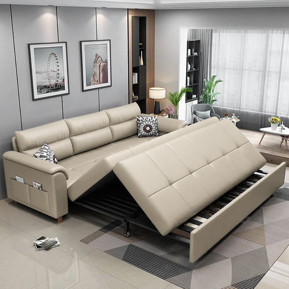 188 cm 2-Seater Faux Leather Pull-out Sleeper Sofa with Storage and Side Pockets