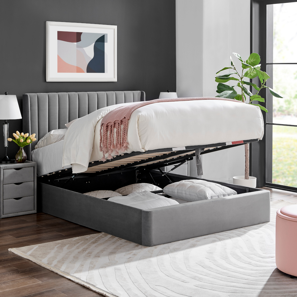 Harper - Double - Winged Ottoman Storage Bed - Grey - Velvet - 4ft6 - Happy Beds