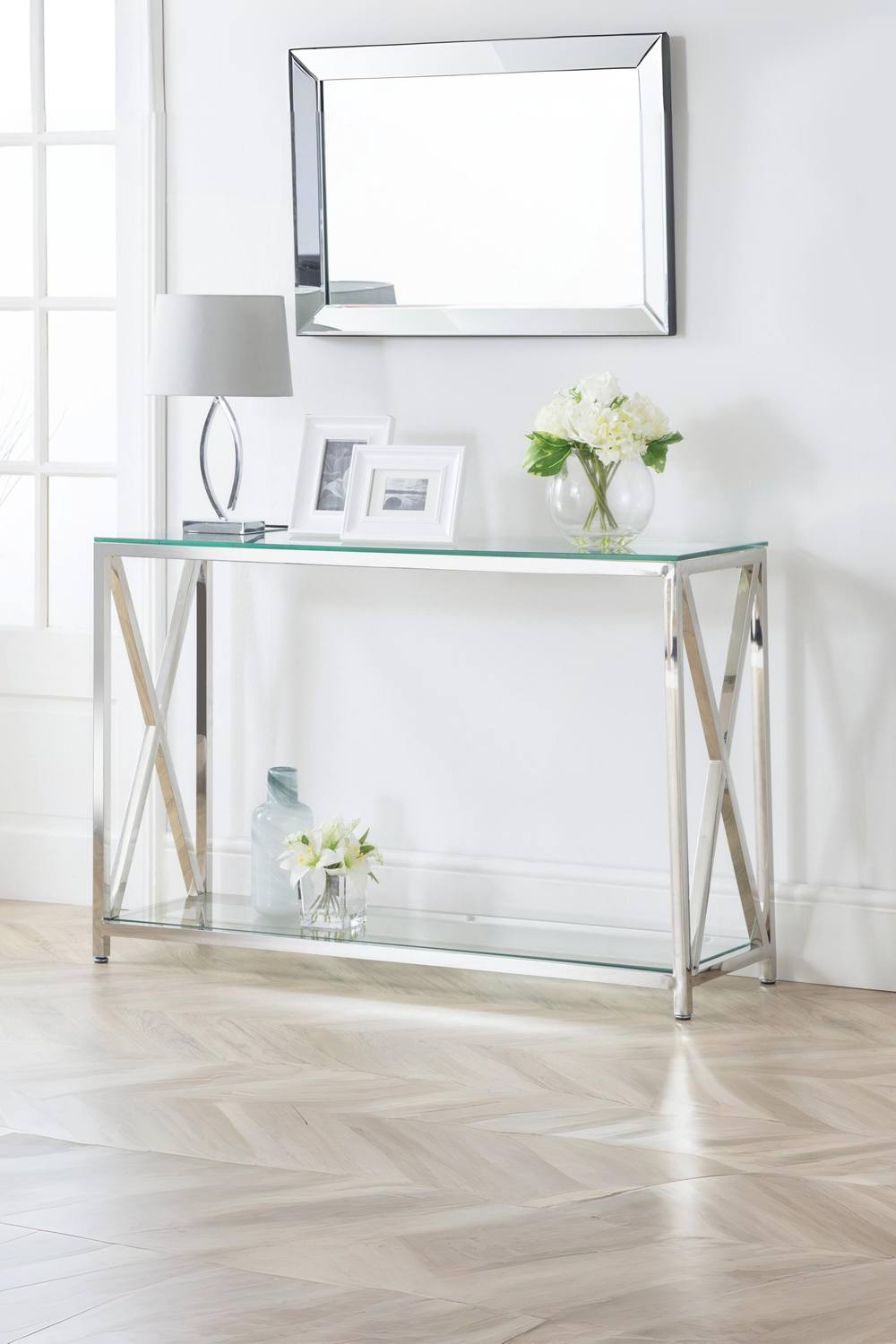 Julian Bowen Miami Glass Top Cross Frame Console Table with Shelf in Silver