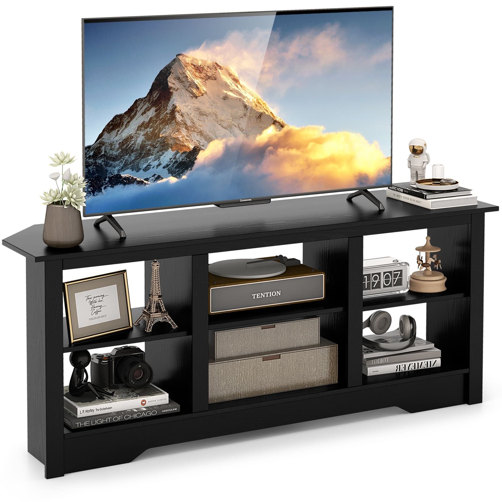 Costway 147cm TV Stand for TVs up to 65 Inches Media Entertainment Center-Black in Black