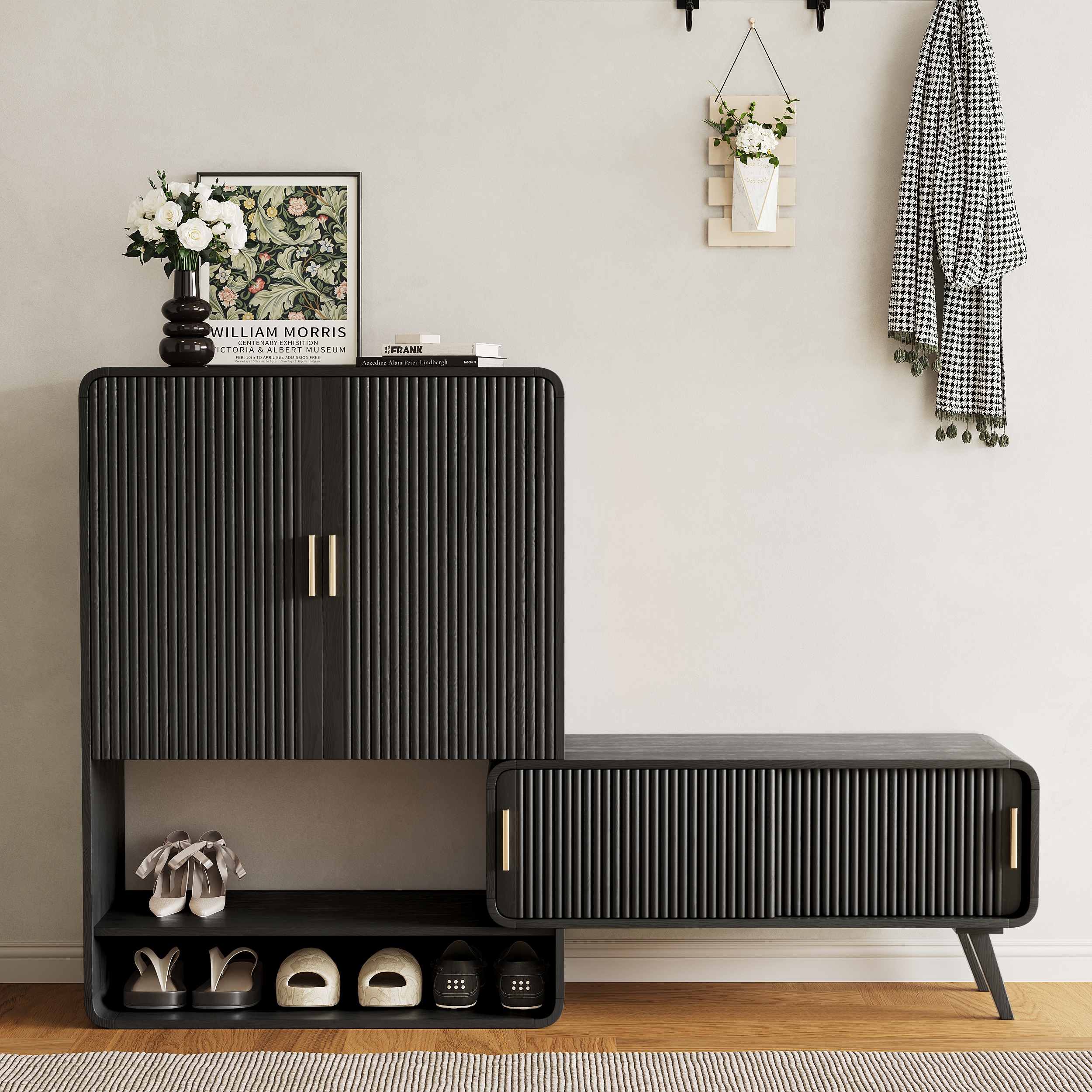 Ash Wood Shoe Rack for Entryway in Black Shoe Storage Cabinet for Closet