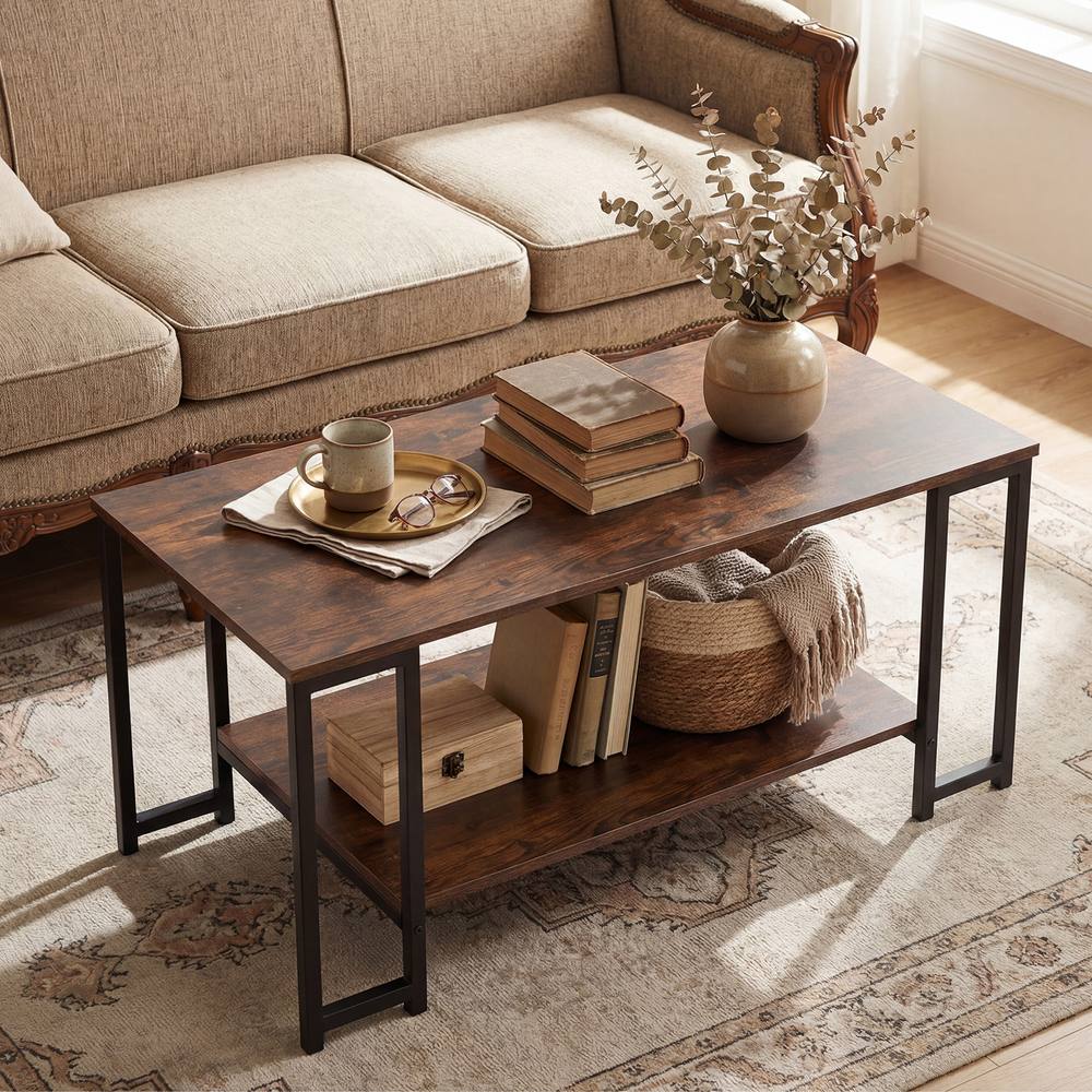 Costway 2-Tier Coffee Table Rectangular Cocktail Table Center Table w/ Shelf in Brown