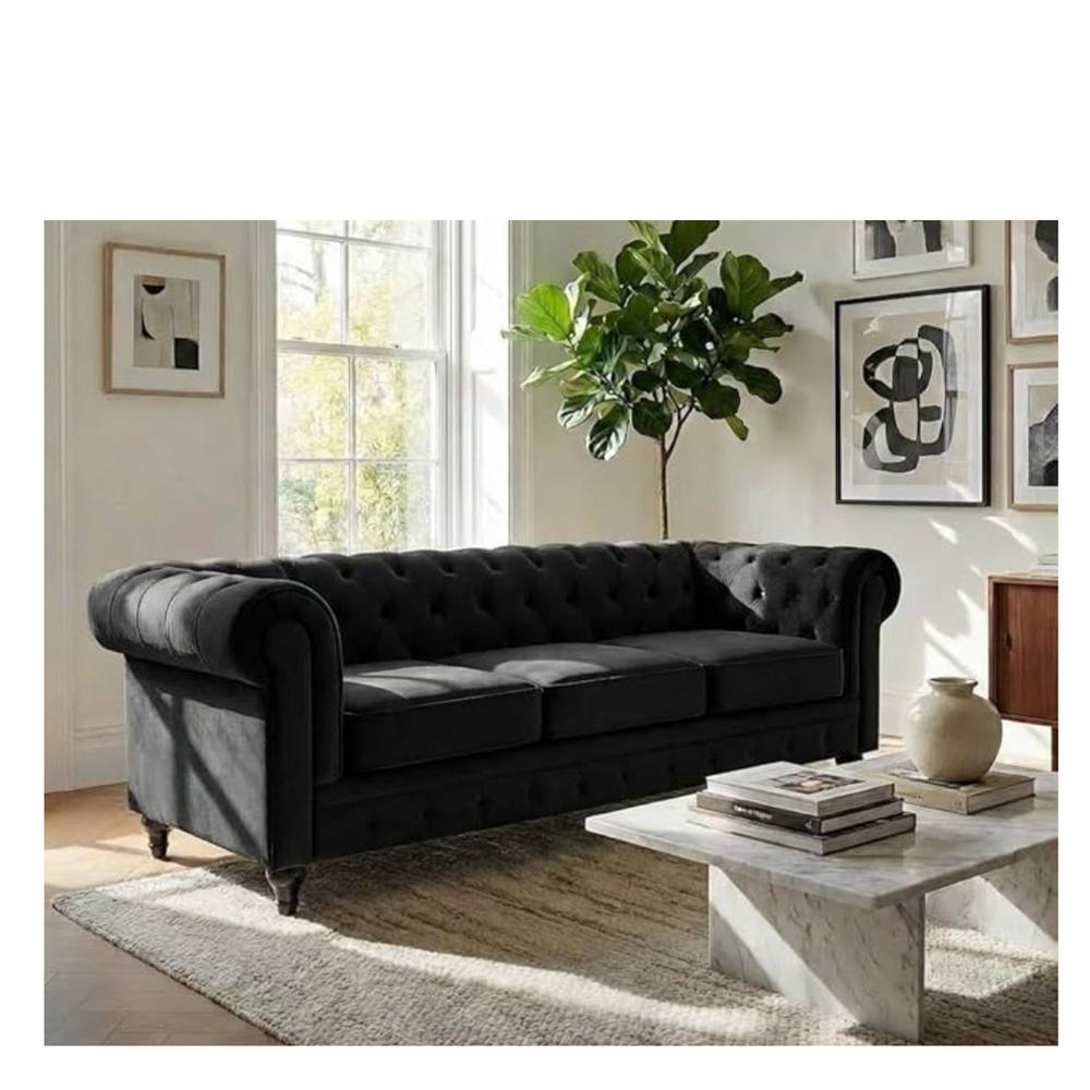 Bliss Furniture Velvet Chesterfield 3 Seater Sofa in Black