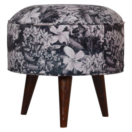 Aqua Velvet Nordic Style Footstool In Floral Printed And Walnut