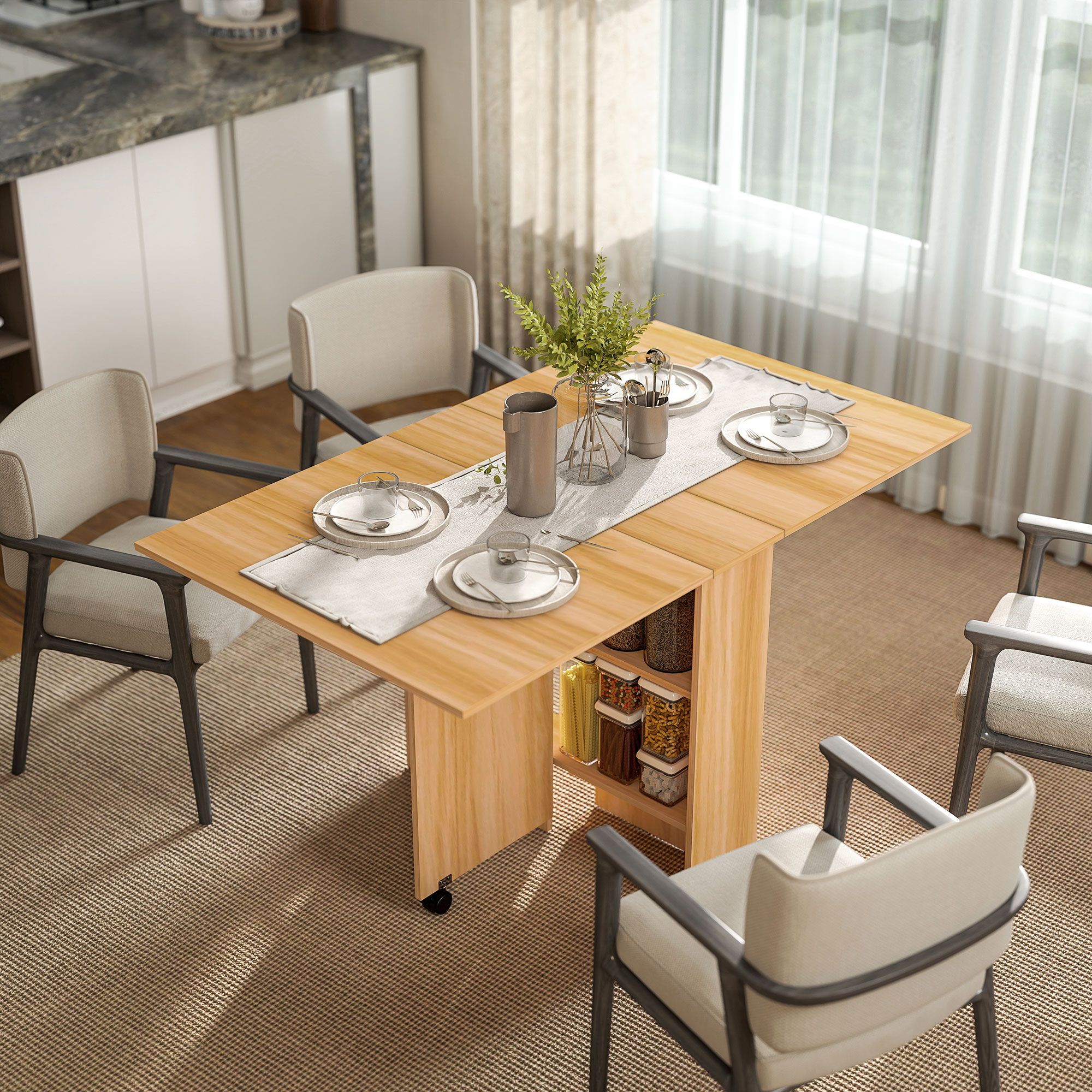 HOMCOM Foldable Dining Table with Storage Shelves for Kitchen, Dining Room in Natural