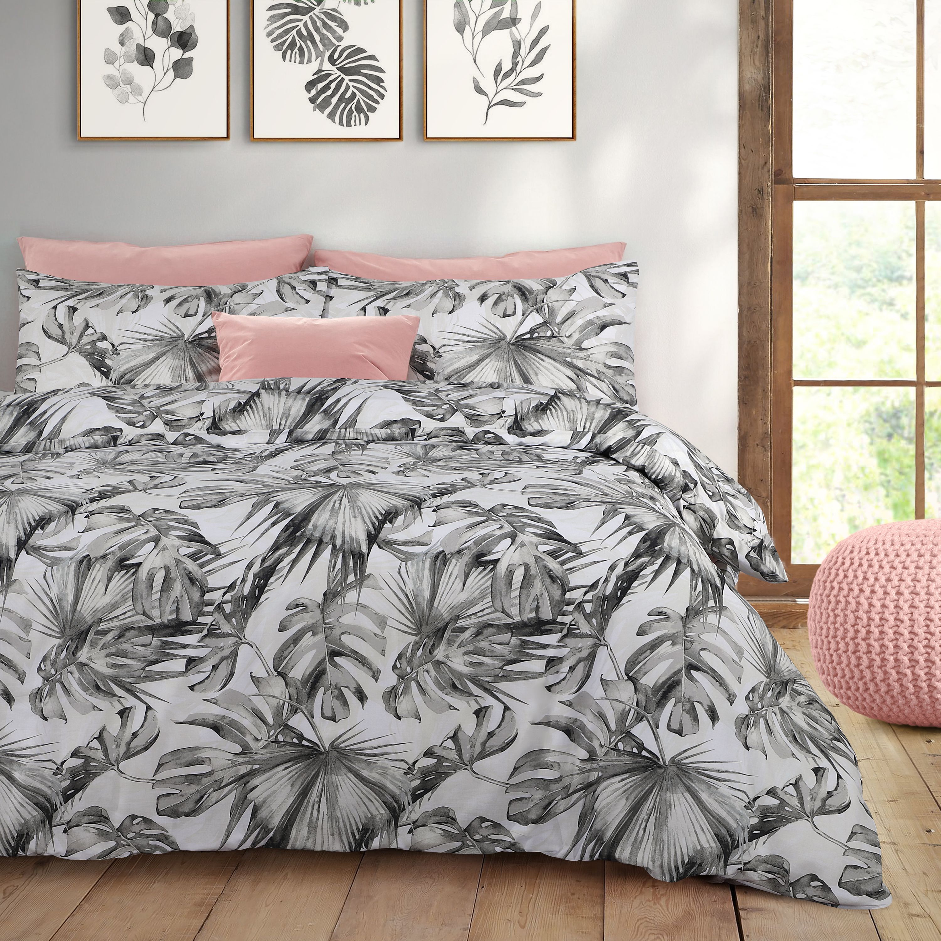 Velosso Tropical Leaf Cotton Rich Printed Duvet Cover & Pillowcase Set in Grey