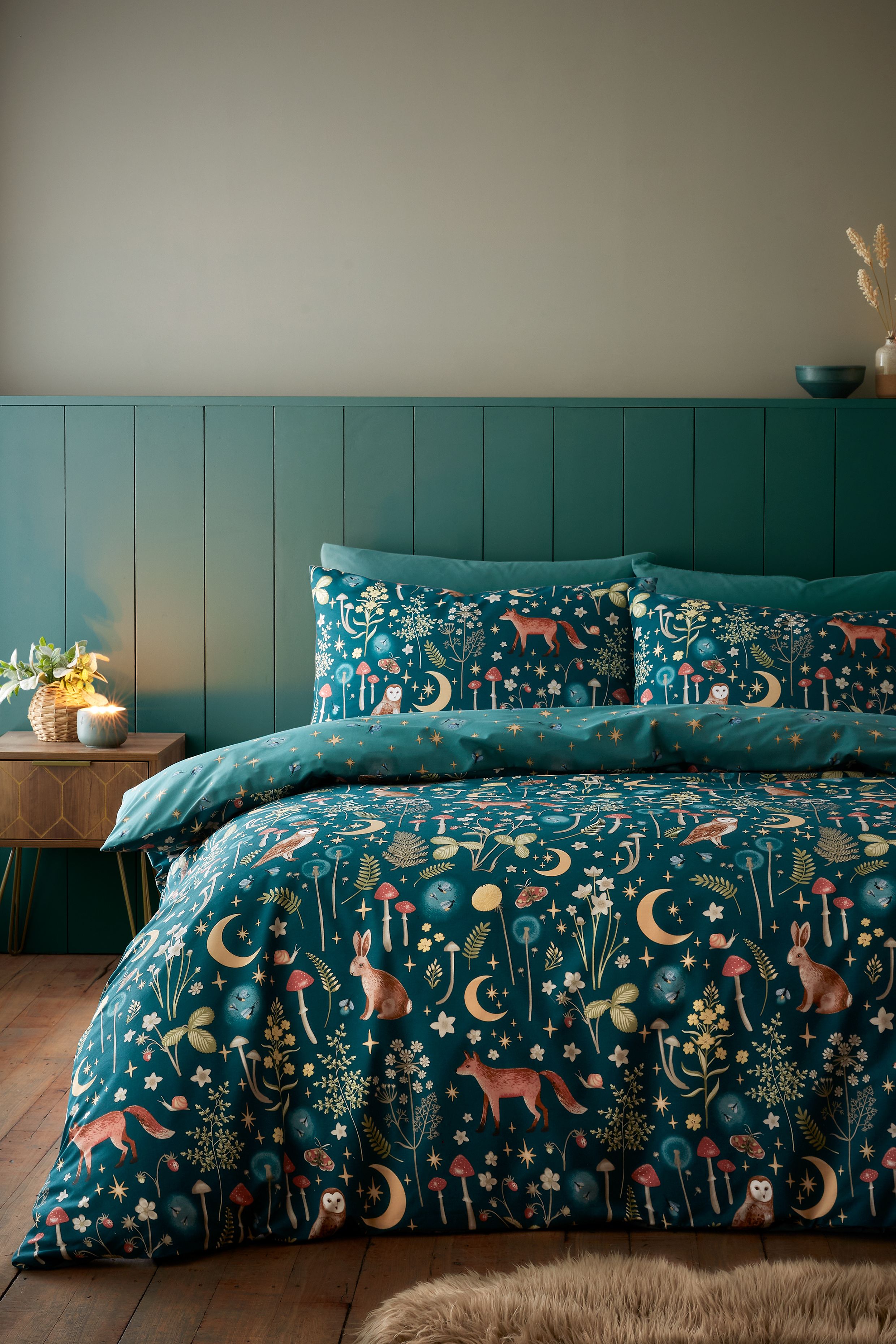 Catherine Lansfield 'Enchanted Twilight Animals' Reversible Duvet Cover Set in Green