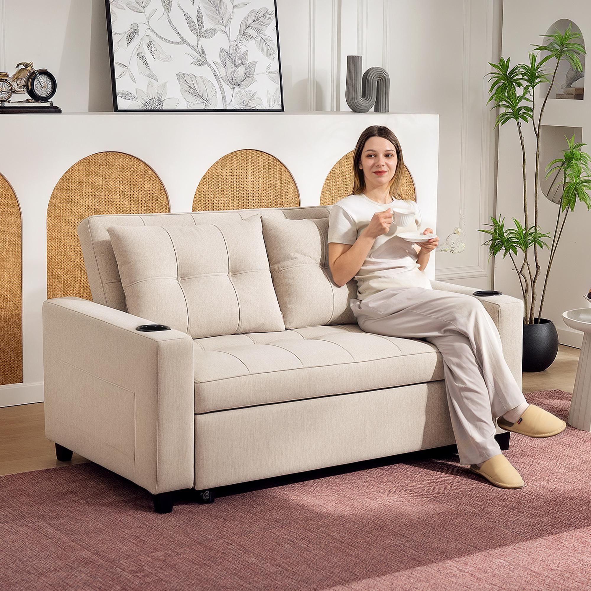 HOMCOM 2 Seater Pull Out Sofa Bed with Pockets for Living Room Beige