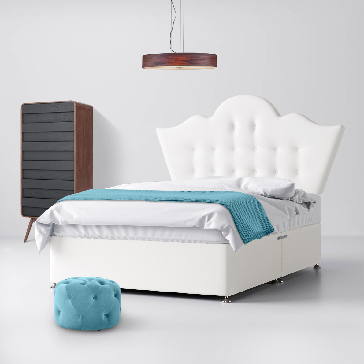 Florence Buttoned White Fabric Ottoman Divan Bed - 4ft Small Double