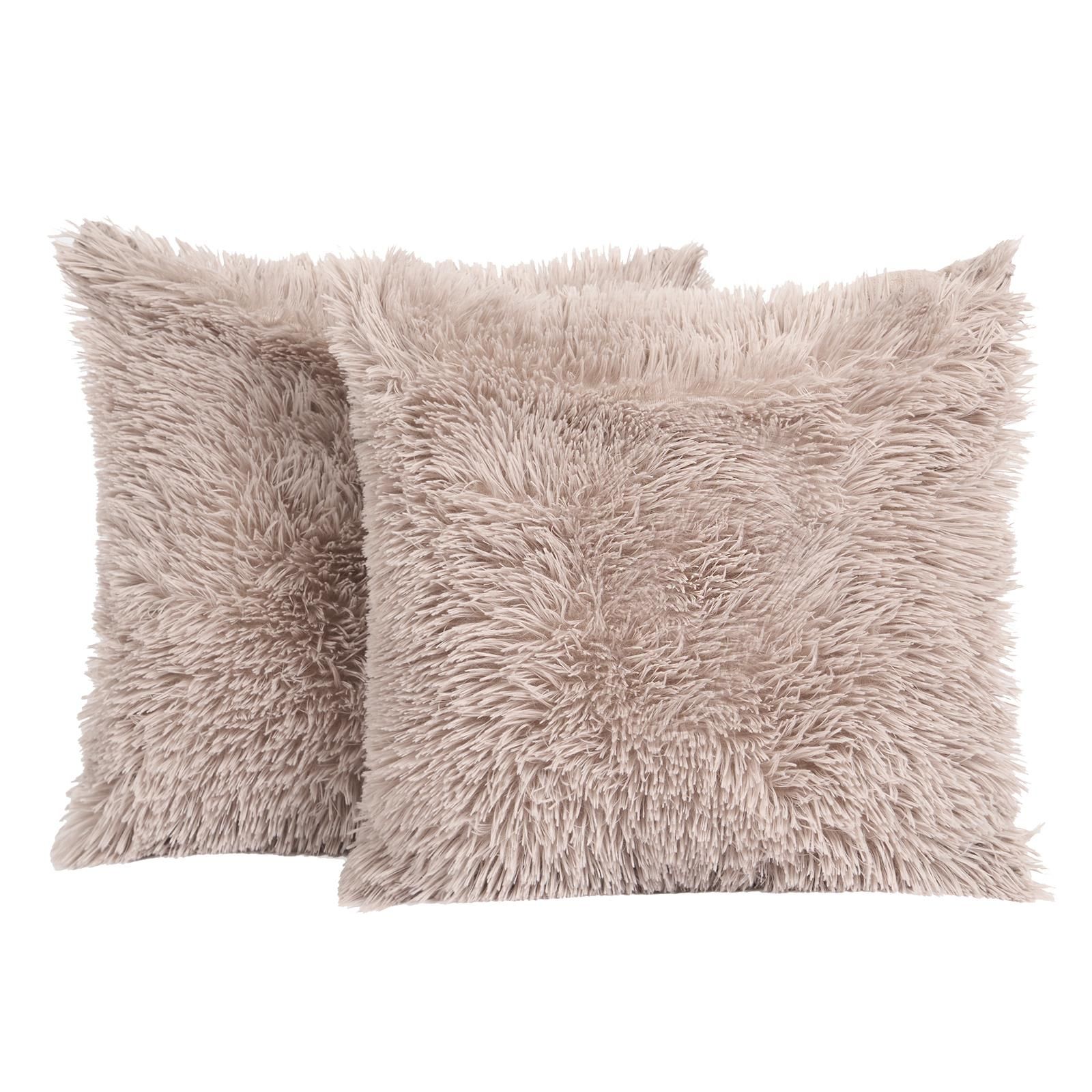 OHS Set of 2 Fluffy Shaggy Square Cushion Covers in Natural