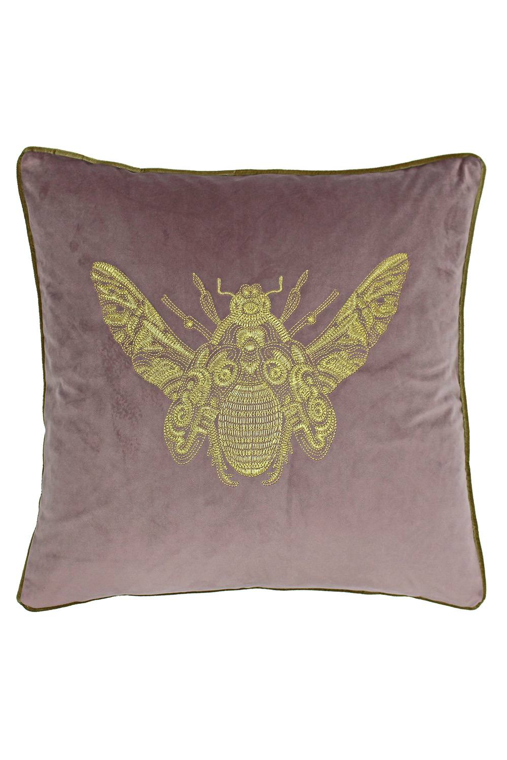 Paoletti Cerana Embroidered Bee Velvet Cushion in Dark Pink