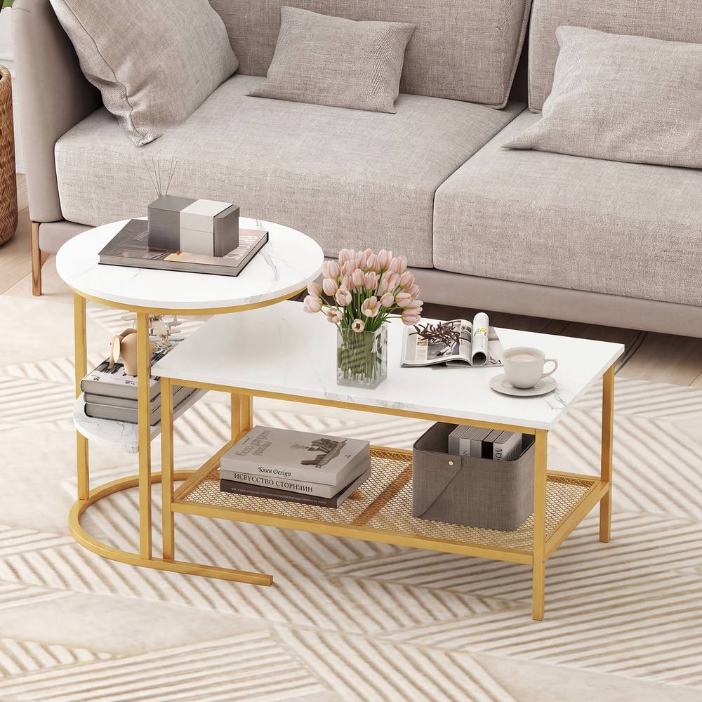 Costway 2PCS Nesting Faux Marble Coffee Table 2-in-1 Detachable Side Table Set