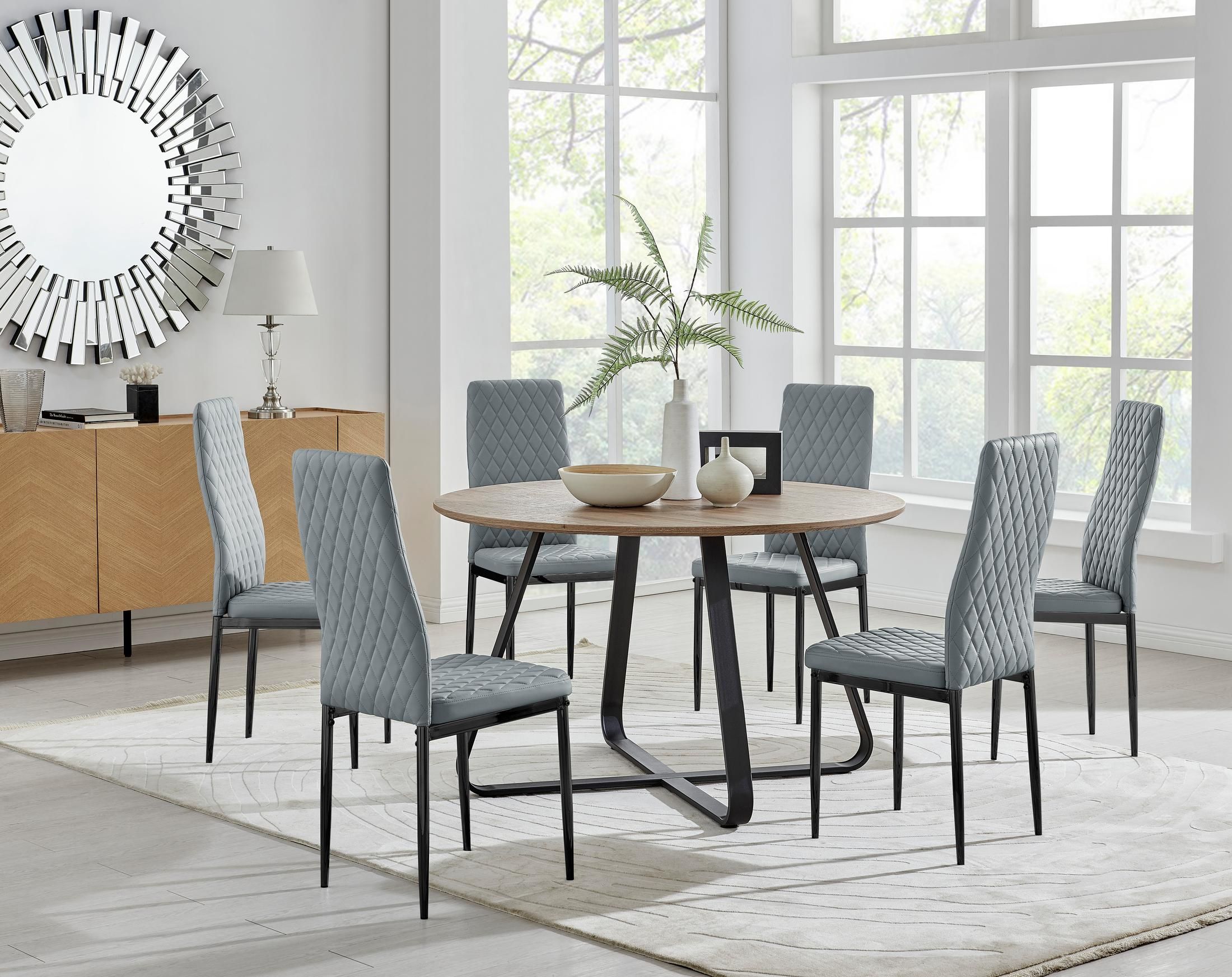 FurnitureboxUK Santorini Brown Round Dining Table & 6 Milan Black Leg Chairs in Grey