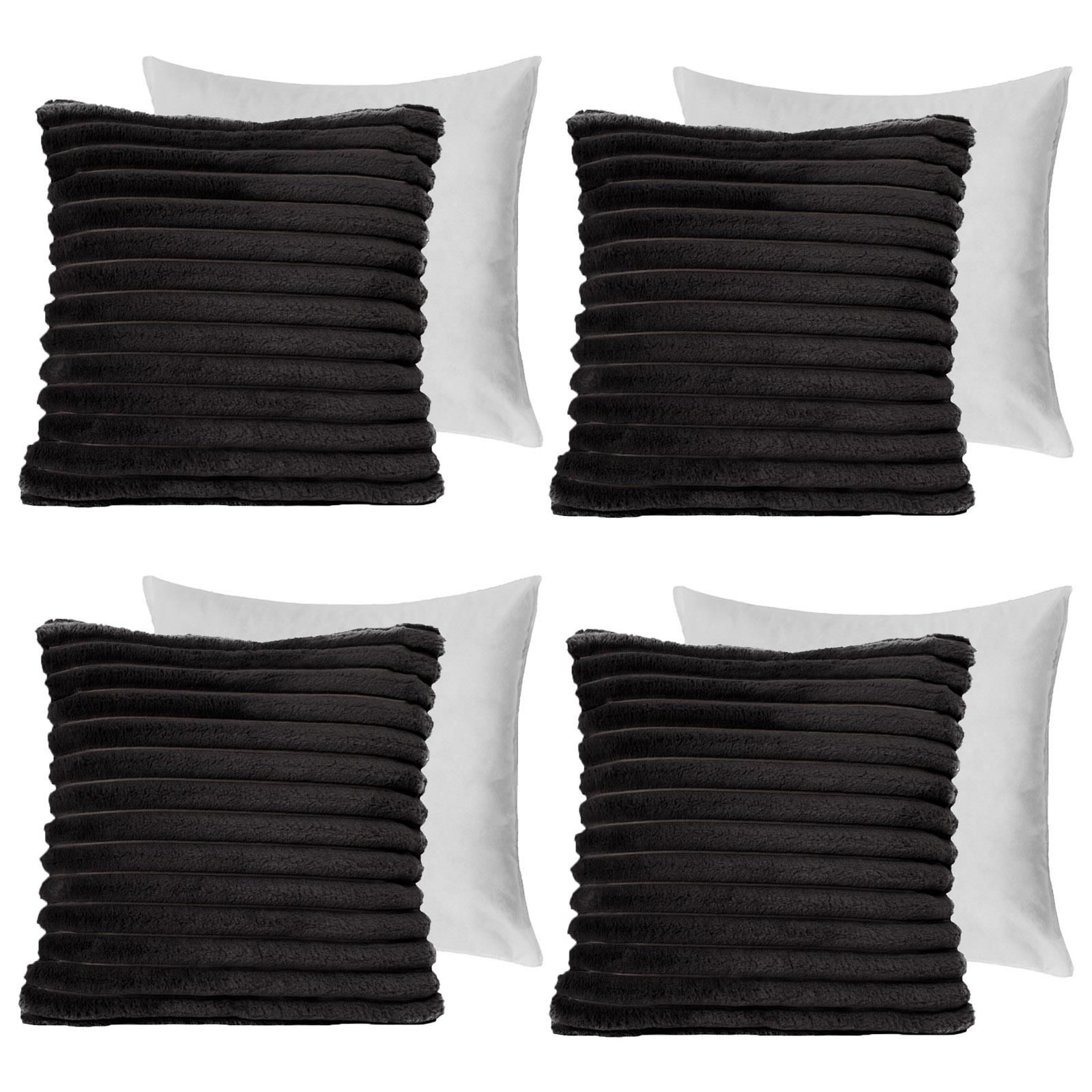 OHS 4 x Faux Fur Thick Rib Filled Cushion Covers in Black