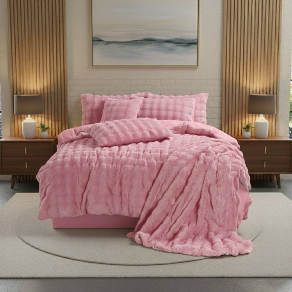 Snug City Rabbit Faux Fur Teddy Duvet Cover Set Ultra Soft Plush Bedding in Pink