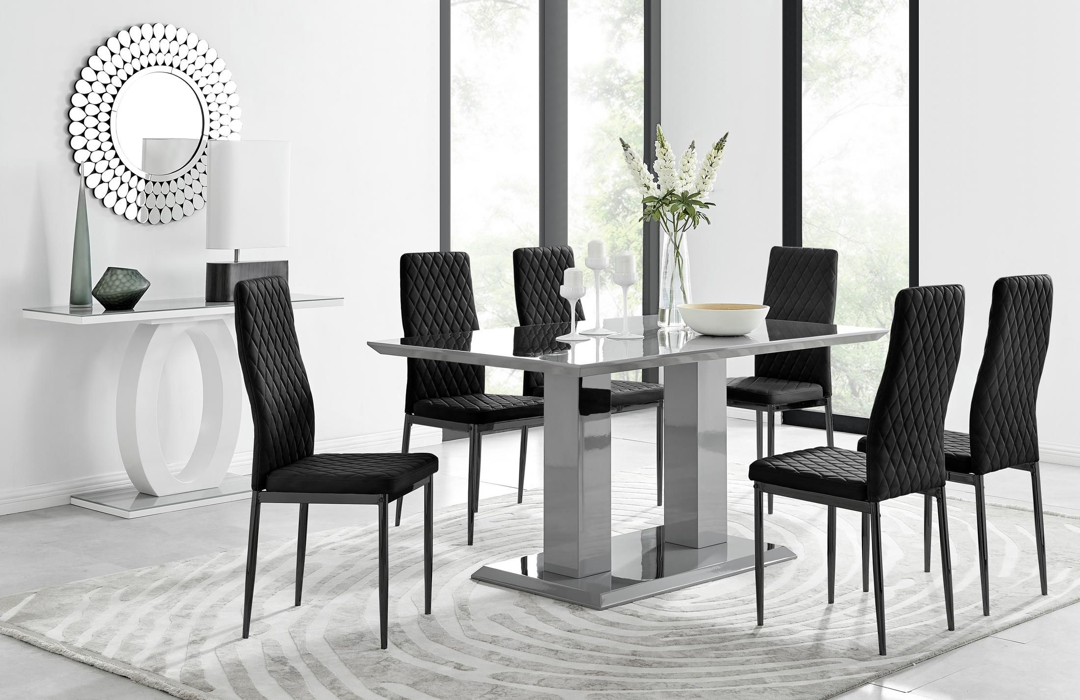 FurnitureboxUK Imperia 6 Grey Dining Table & 6 Velvet Milan Black Leg Chairs