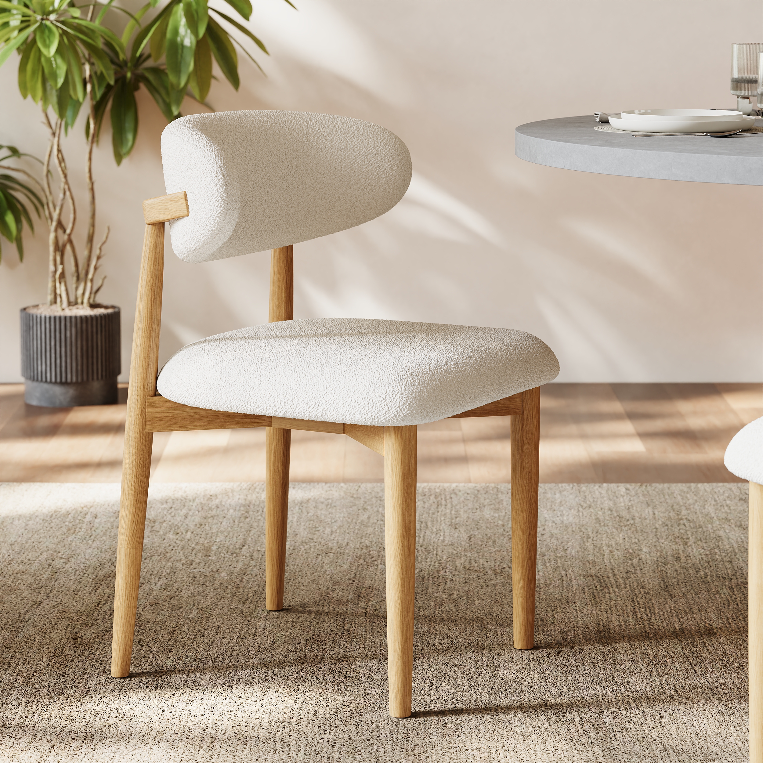 Modern Natural Boucle Dining Chair with Rubber Wood Legs, 1 Piece
