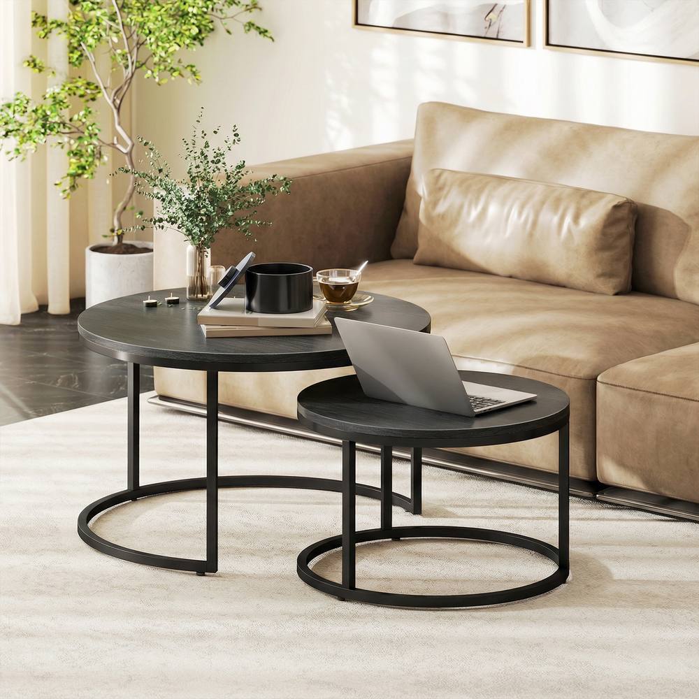 HOMCOM 2 Pcs Stacking Coffee Table Set Steel Frame, Black Wood Grain