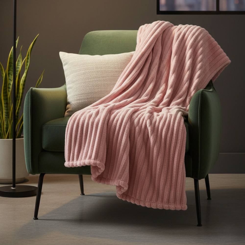 Snug City Chunky Ribbed Mink Throw Ultra Soft Warm Elegant Blanket for Sofa Bed in Pink