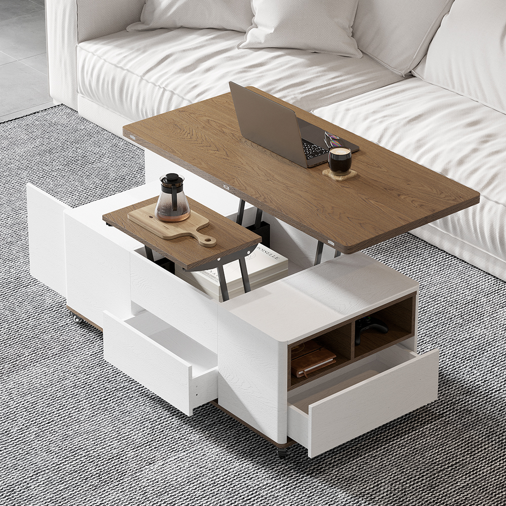 Minimalist Rectangle White & Walnut Extendable TV Stand & Lift Top Coffee Table Set
