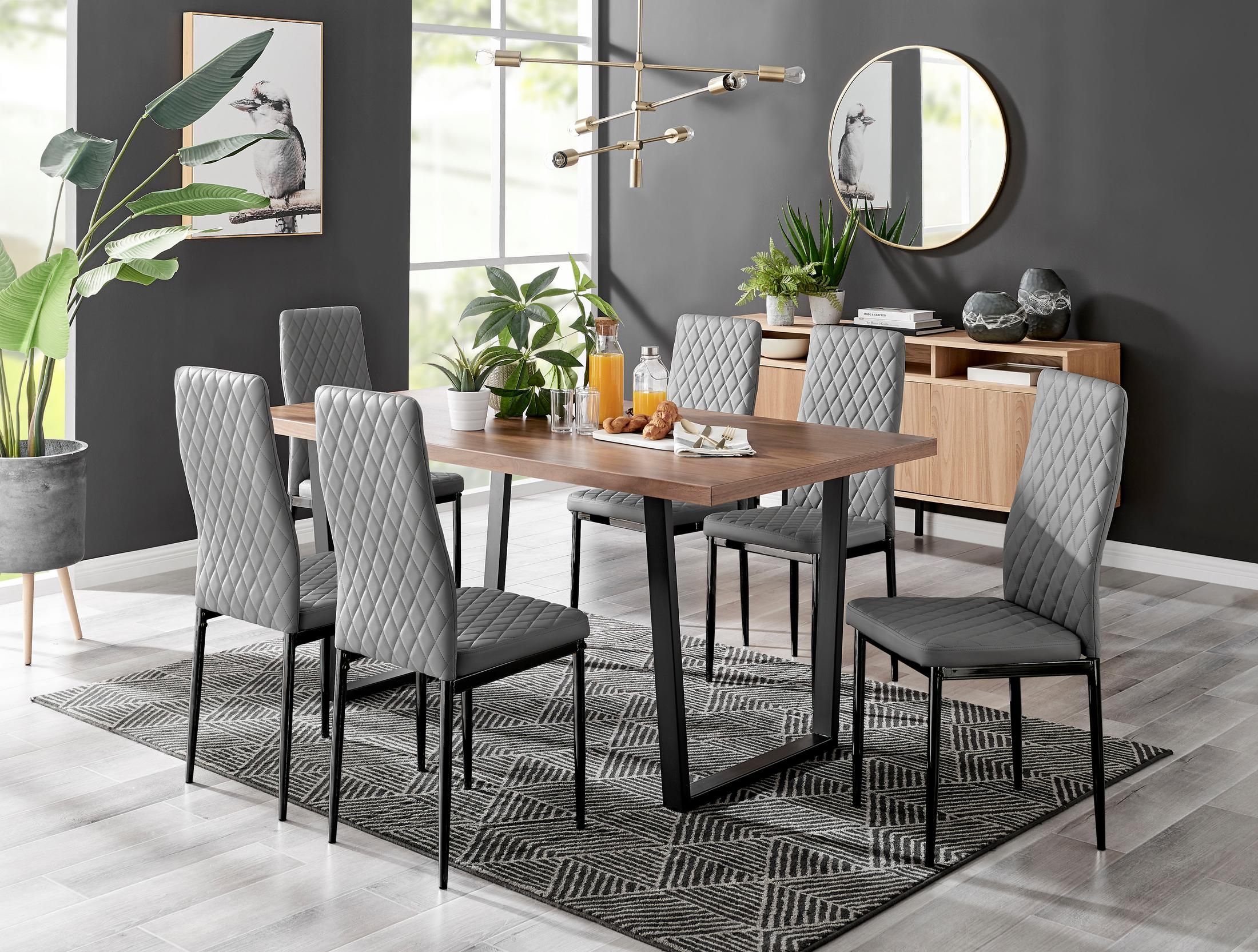 FurnitureboxUK Kylo Large Brown Wood Effect Dining Table & 6 Milan Black Leg Faux Leather Chairs in Grey