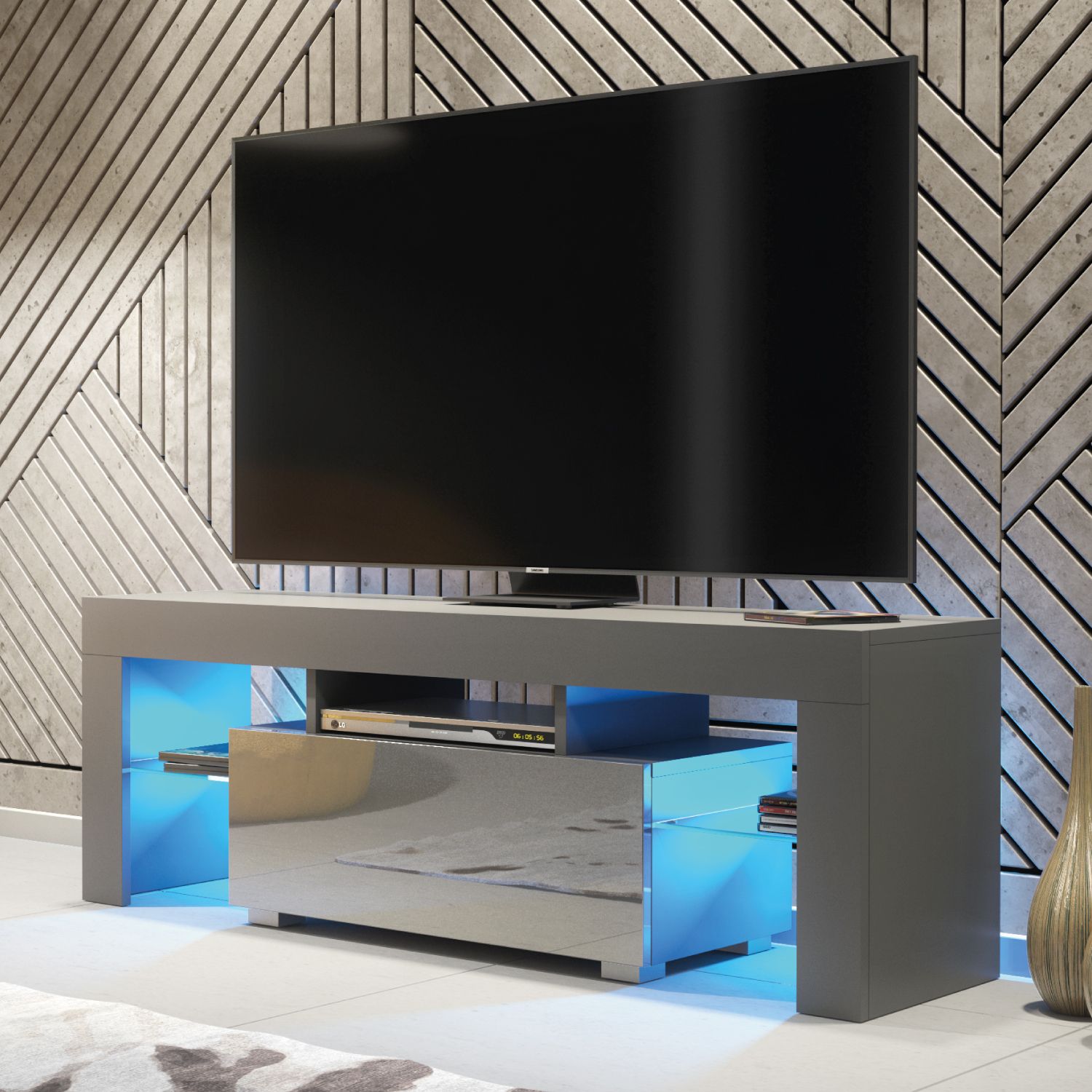 Creative Furniture Floe TV Unit 130cm - A Sleek & Elegant Cabinet with Gloss Doors & LED Lights in Dark Grey