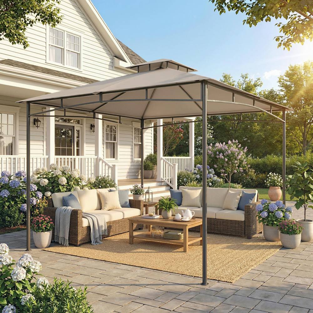 OUTSUNNY 3 x 3 m Gazebo, Outdoor Gazebo Canopy with 2-Tier Roof in Beige