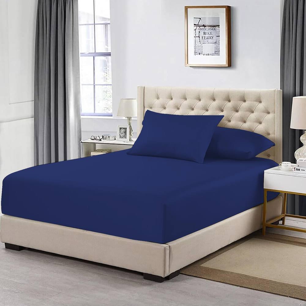 Homes-Linen 100% Egyptian Cotton 200TC Fitted Sheet 30cm Deep Pocket in Blue