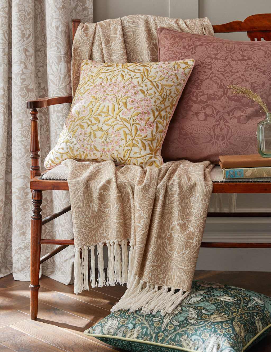 William Morris At Home Michaelmas Daisy Embroidered 43x43cm Cushion Pink Mix