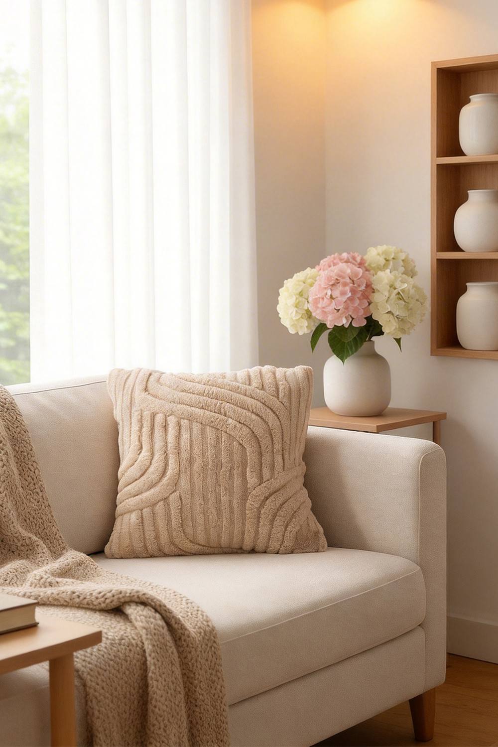 Living and Home 3D Wave Textured Plush Throw Pillow Cover in Light Brown