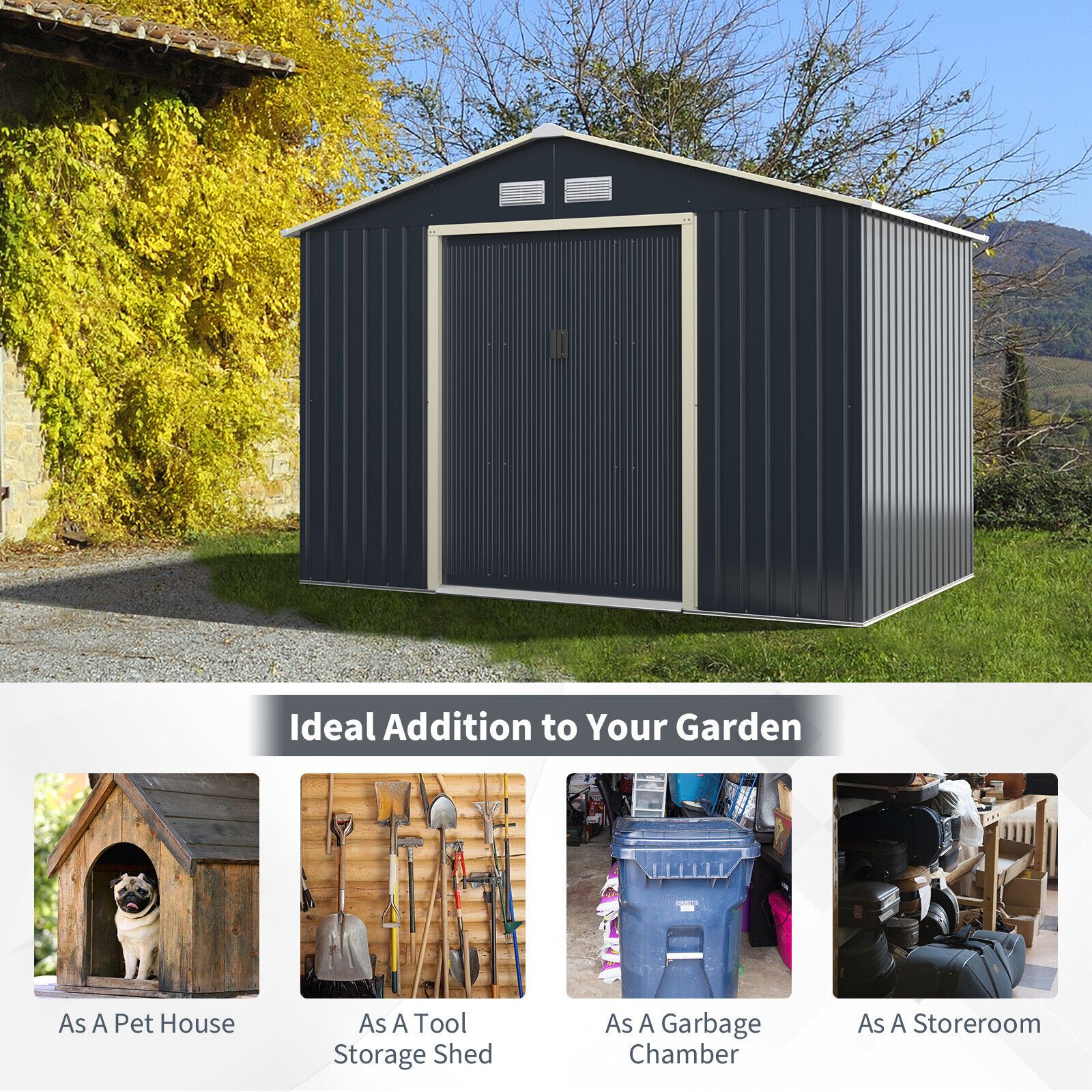 Costway 9.2FT x 6.5FT Outdoor Storage Shed Large Organizer House Double Sliding Door in Grey 5