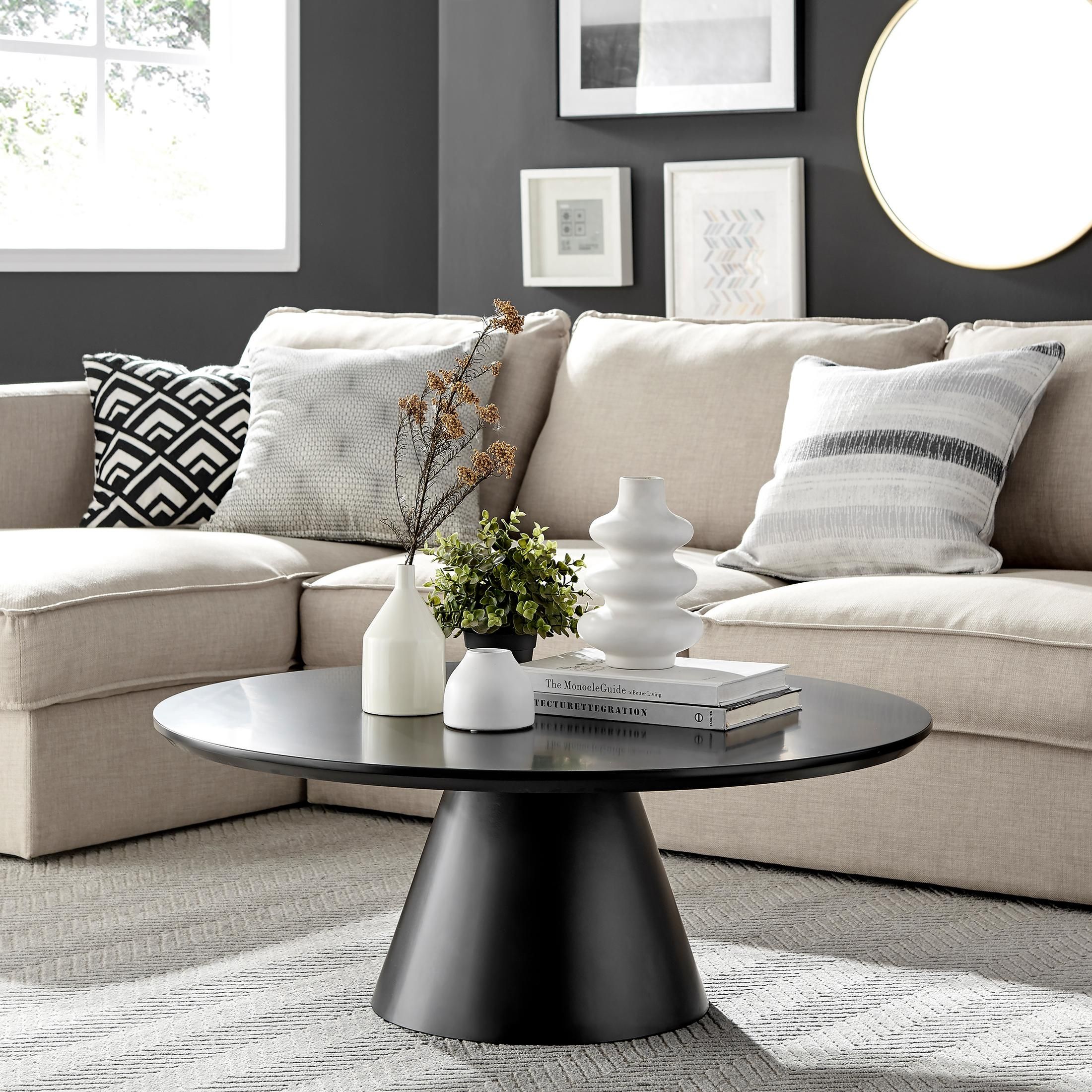 FurnitureboxUK Palma Round Coffee Table with Pedestal Pillar Base & Semi-Matte or High Gloss Finish for Modern Minimalist Industrial Look in Black