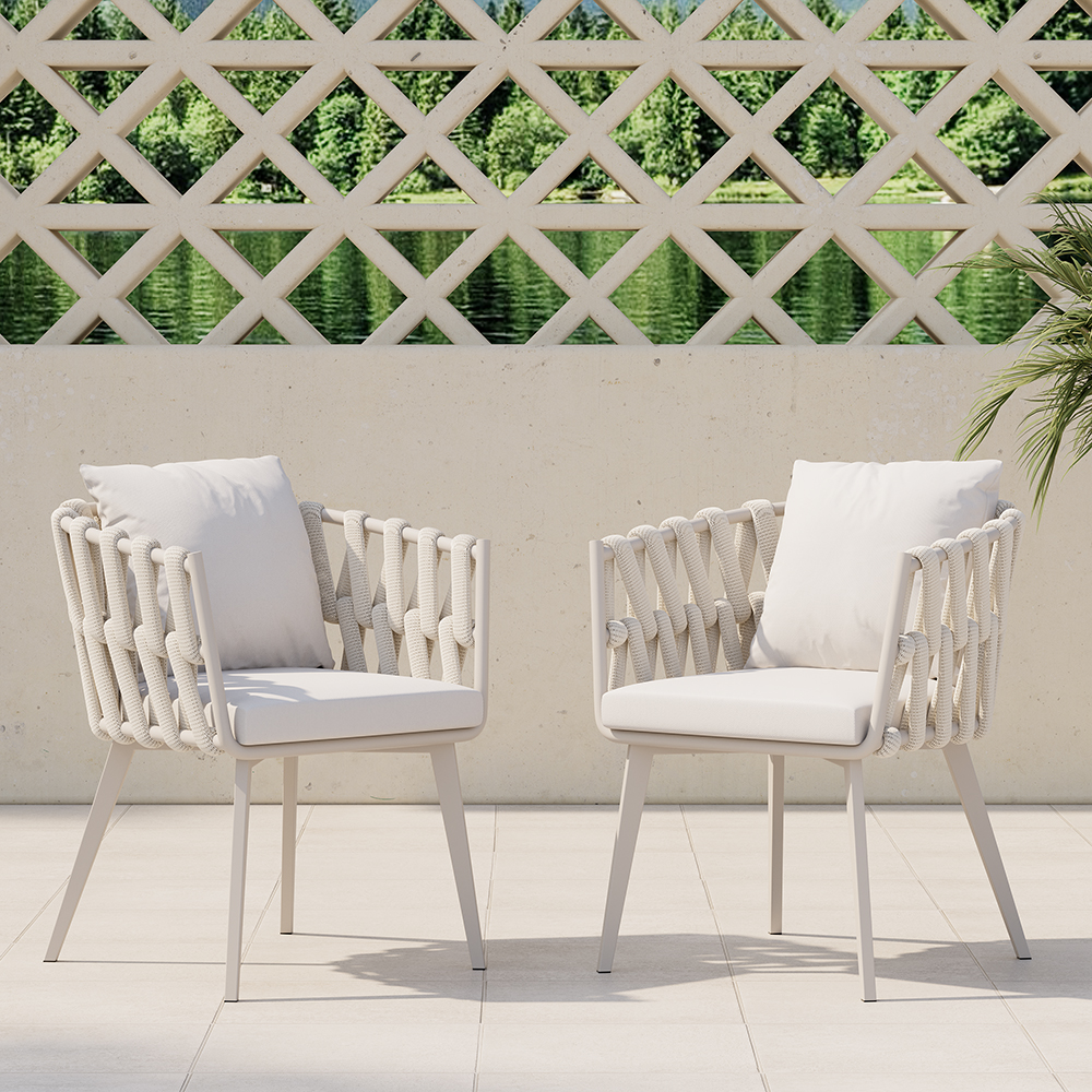 Outdoor Rope Weave & Aluminium Dining Chairs in Beige, Set of 4