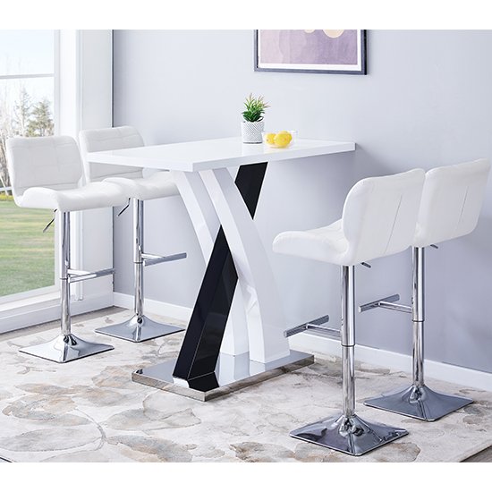 Axara Gloss Bar Table In White Black With 4 Candid White Stools