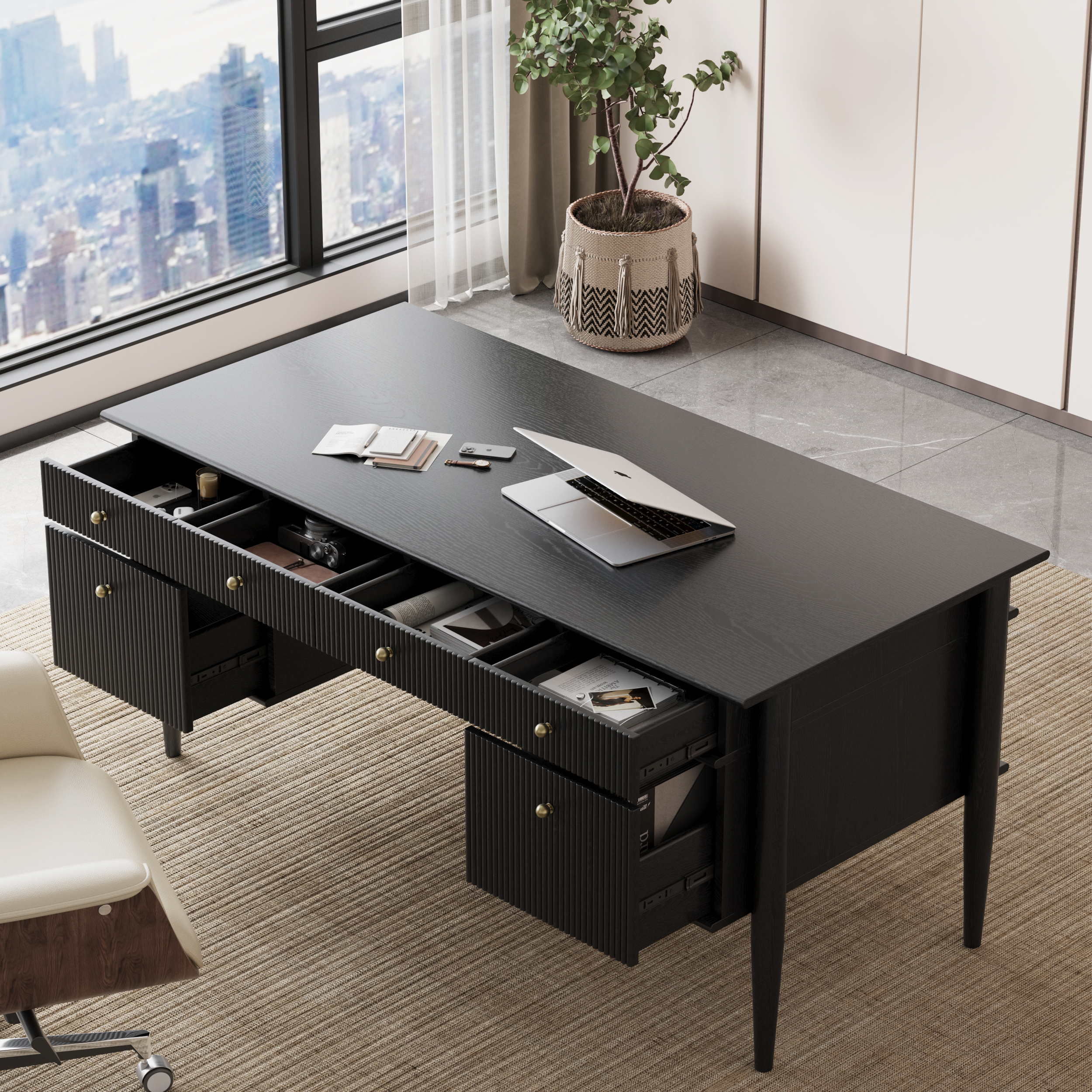 Mid-Century Solid Wood Home Office Desk with 6 Drawers Black Executive Writing Desk (160 cm)