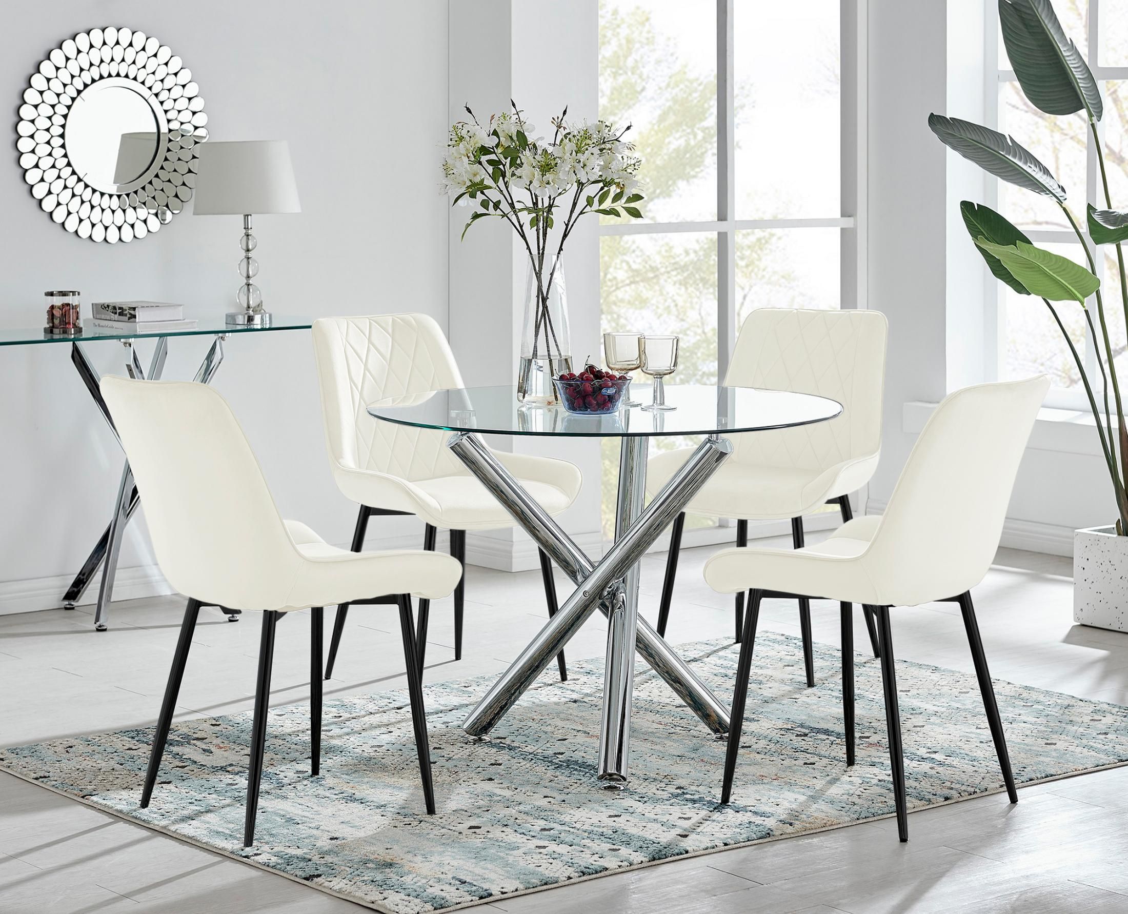 FurnitureboxUK Selina Round Glass Chrome Leg Dining Table & Pesaro Black Leg Chairs in Cream
