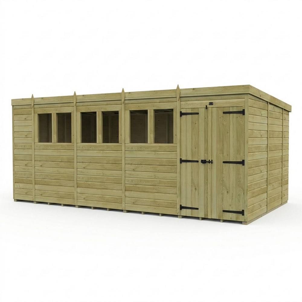 Buttercup Farm 18ft x 10ft Pent Garden Shed Double Door With Windows - Timber in Brown