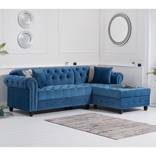 Bicasto Velvet Right Handed Chaise Corner Sofa In Blue
