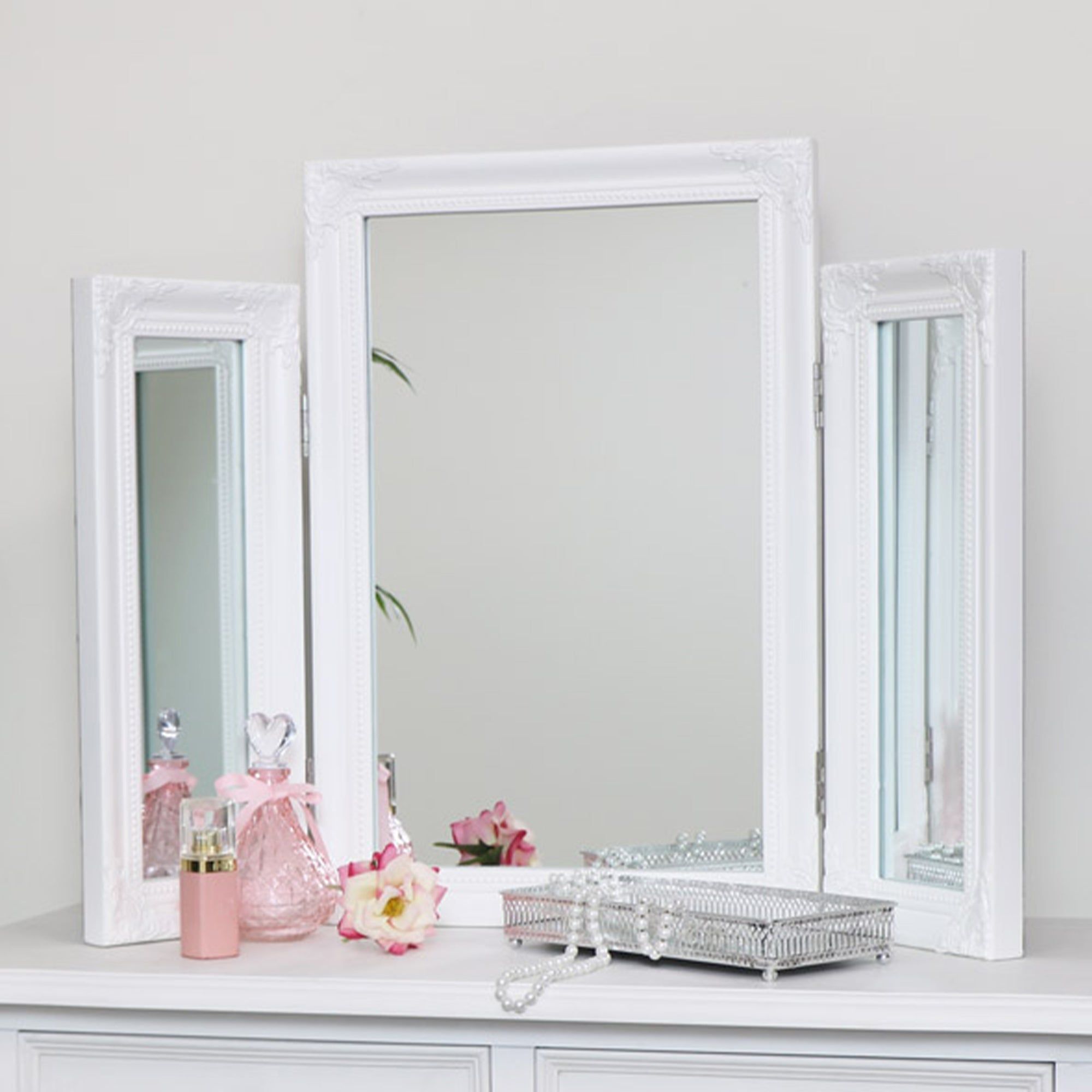 Melody Maison Ornate White Vintage Triple Dressing Table Mirror - 55cm X 74cm