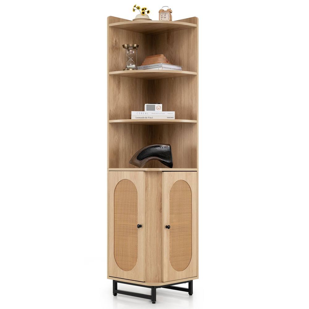 Costway PE Rattan Corner Cabinet 172 cm Tall Corner Bookcase with 2 Doors in Natural
