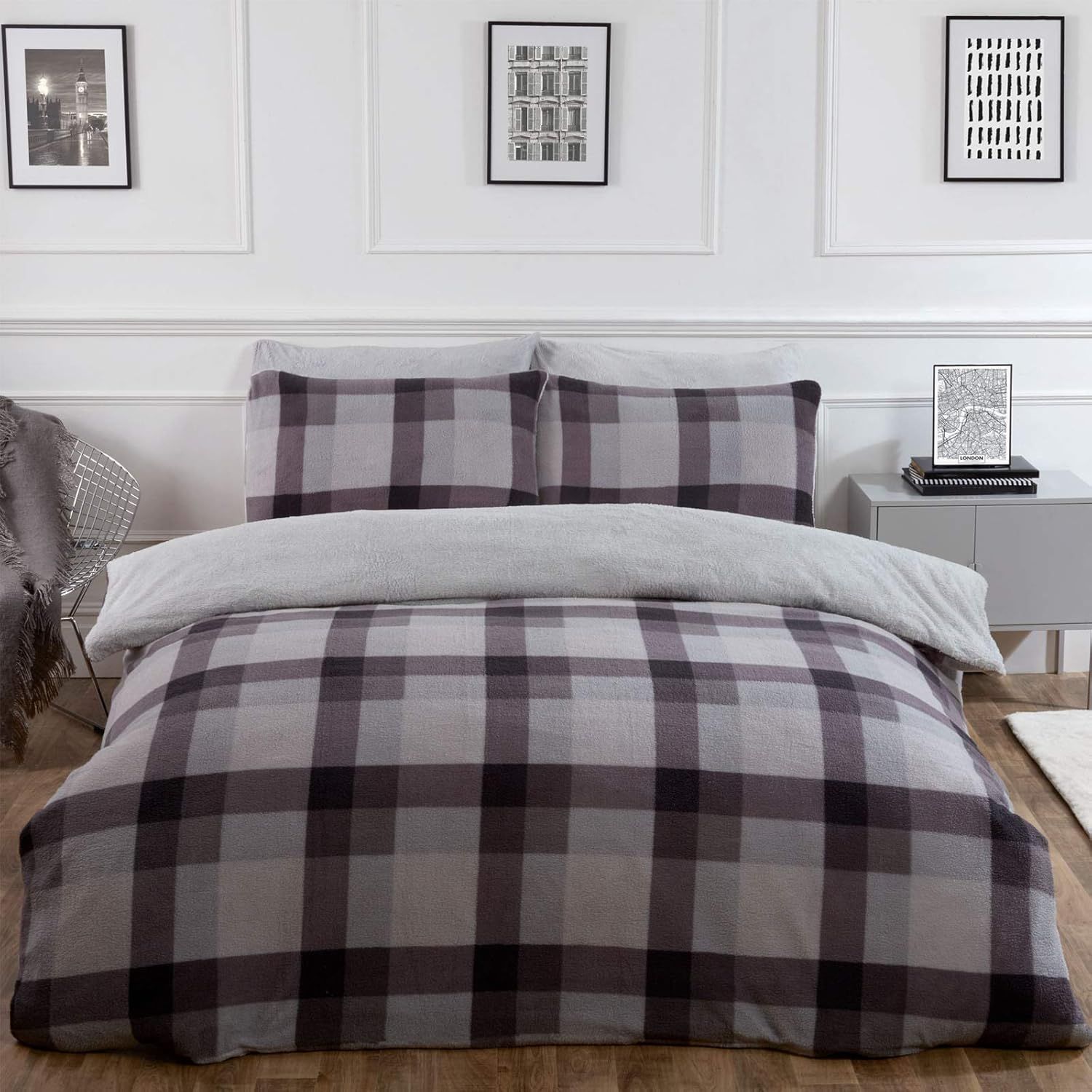 OHS Check Teddy Duvet Cover with Pillowcase Set in Grey