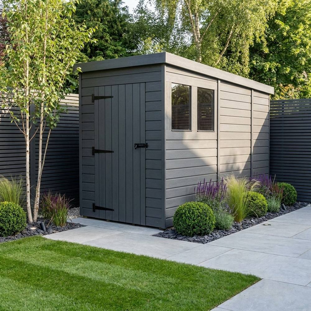 Buttercup Farm 4ft x 9ft Composite Pent Garden Shed Single Door With Windows - Grey 2