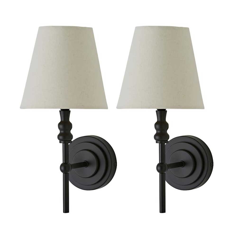 ValueLights Maggie Pair of Candlestick Wall Lights with Linen Tapered Lamp Shades in Black