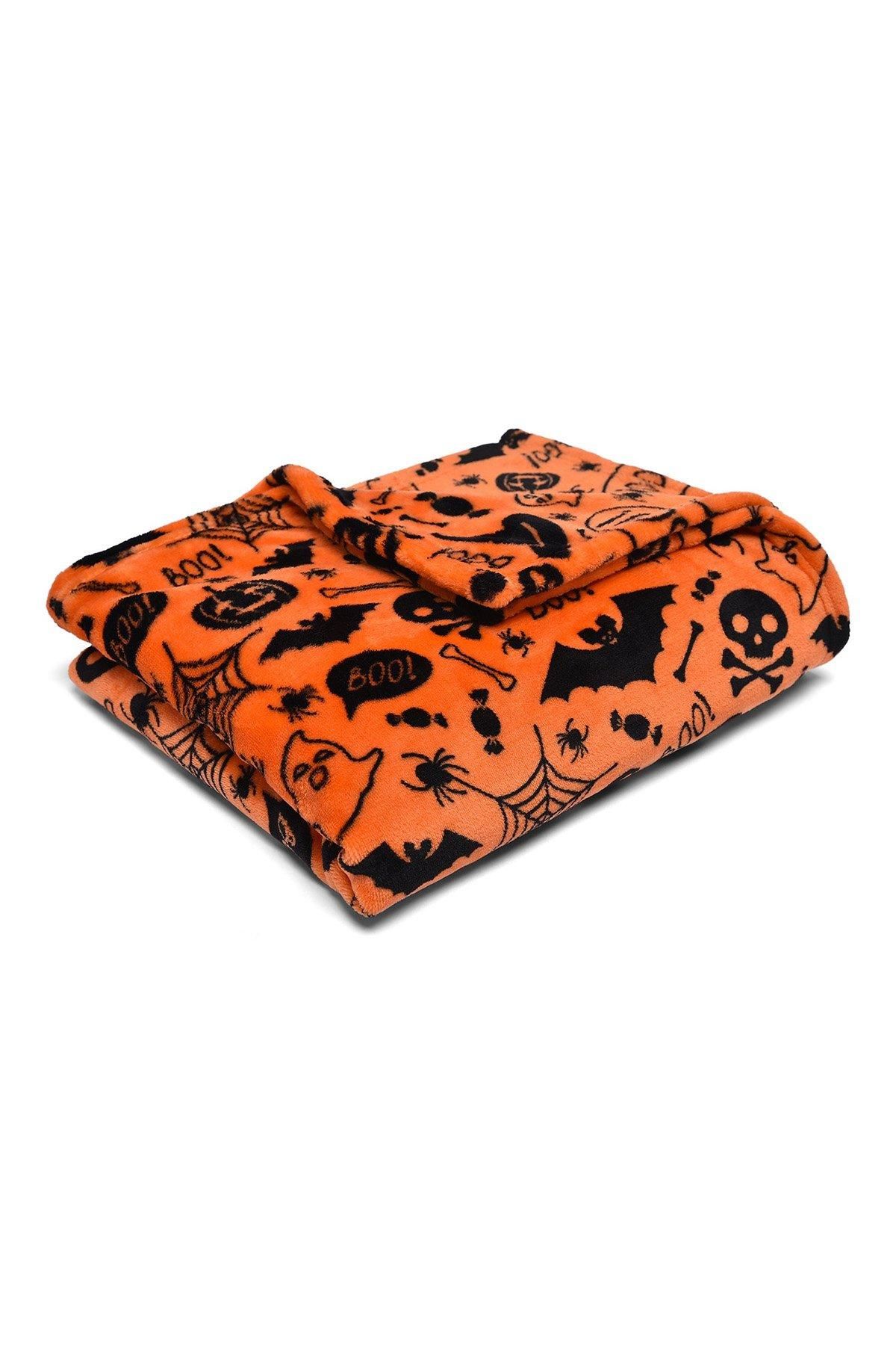 Bedlam 'Boo' Plush Halloween Fleece Throw in Orange